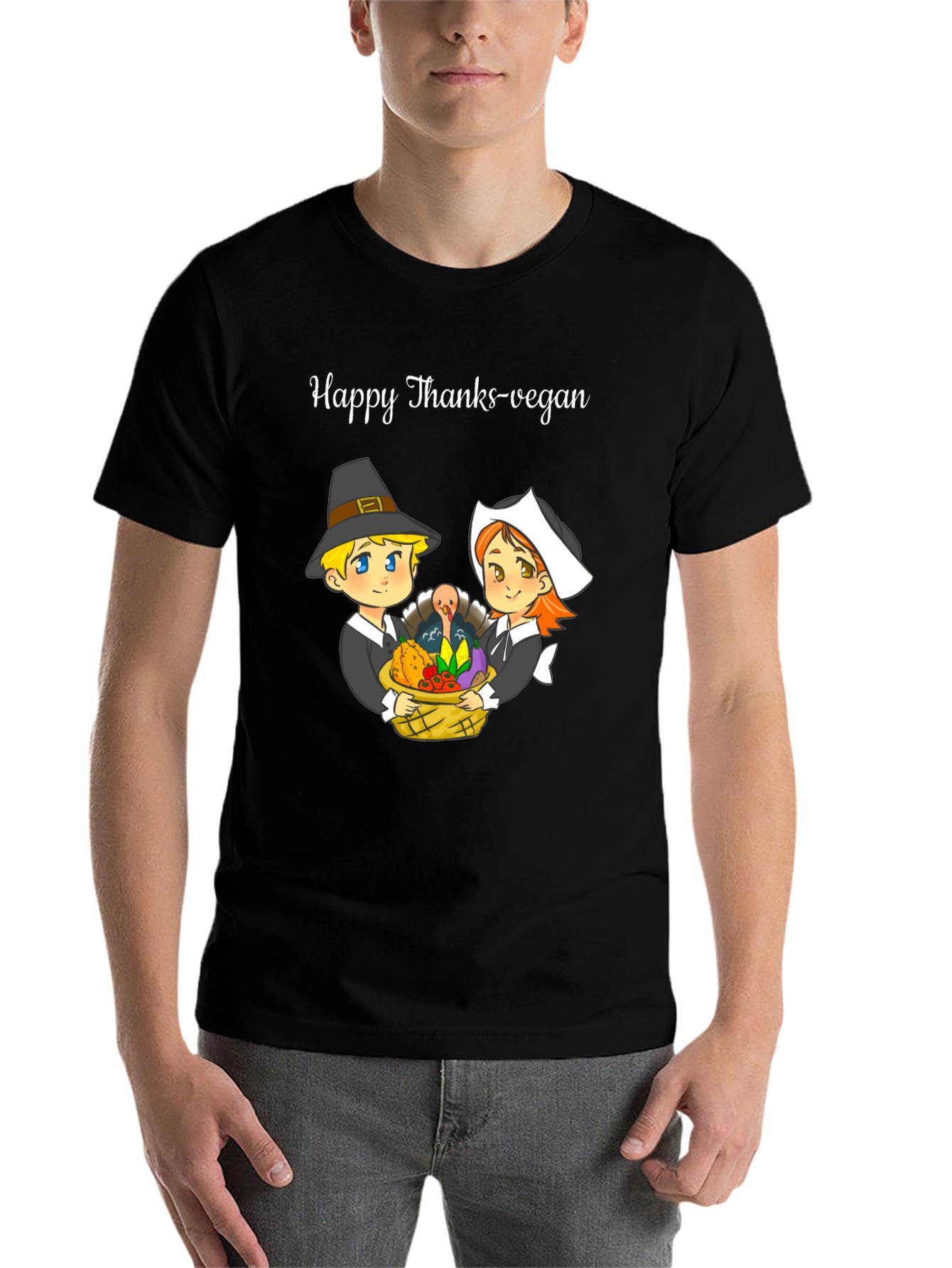 Black Happy Thanks-Vegan T-Shirt view 7