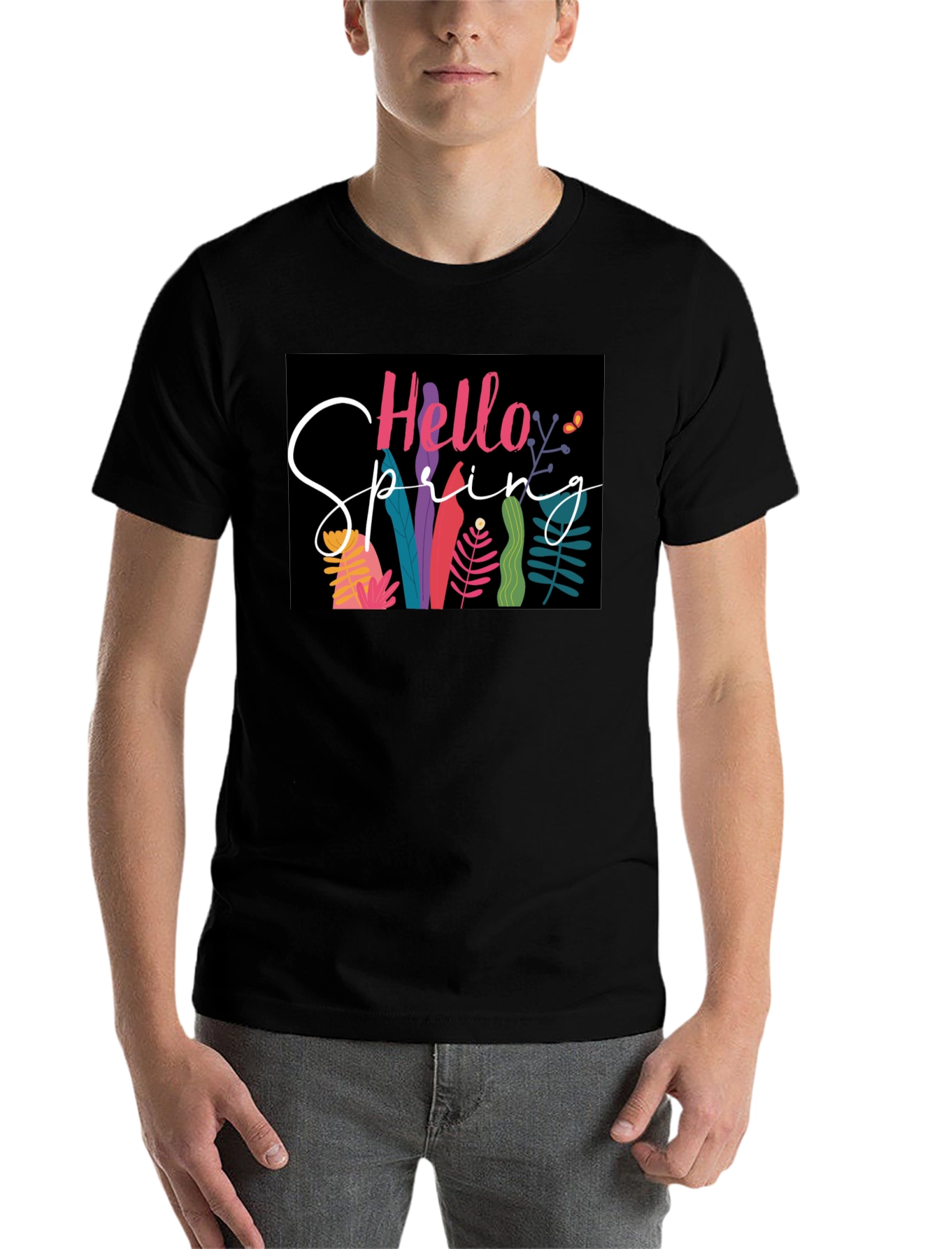 Black Hello Spring Graphic Tee - Black Cotton Casual view 7