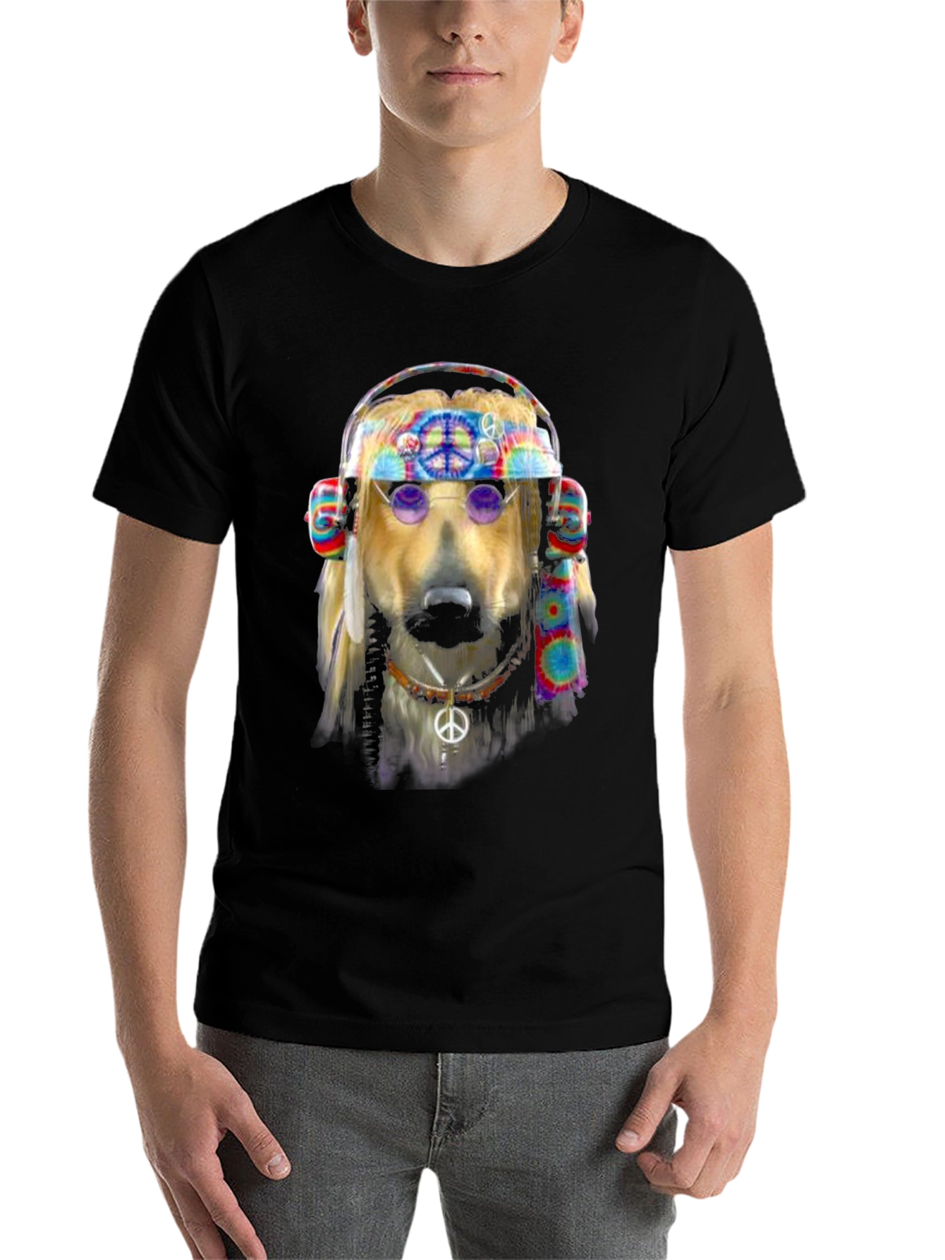 Black Hippie Dog Graphic T-Shirt - Peace & Love view 7