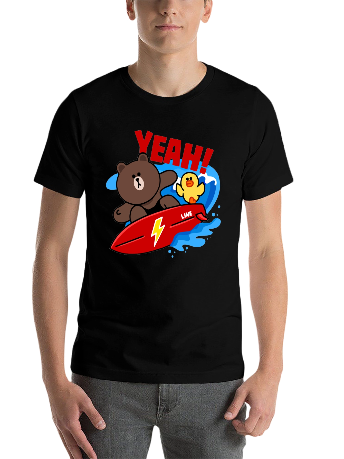 Black Cartoon Bear Surfing Graphic T-Shirt view 7