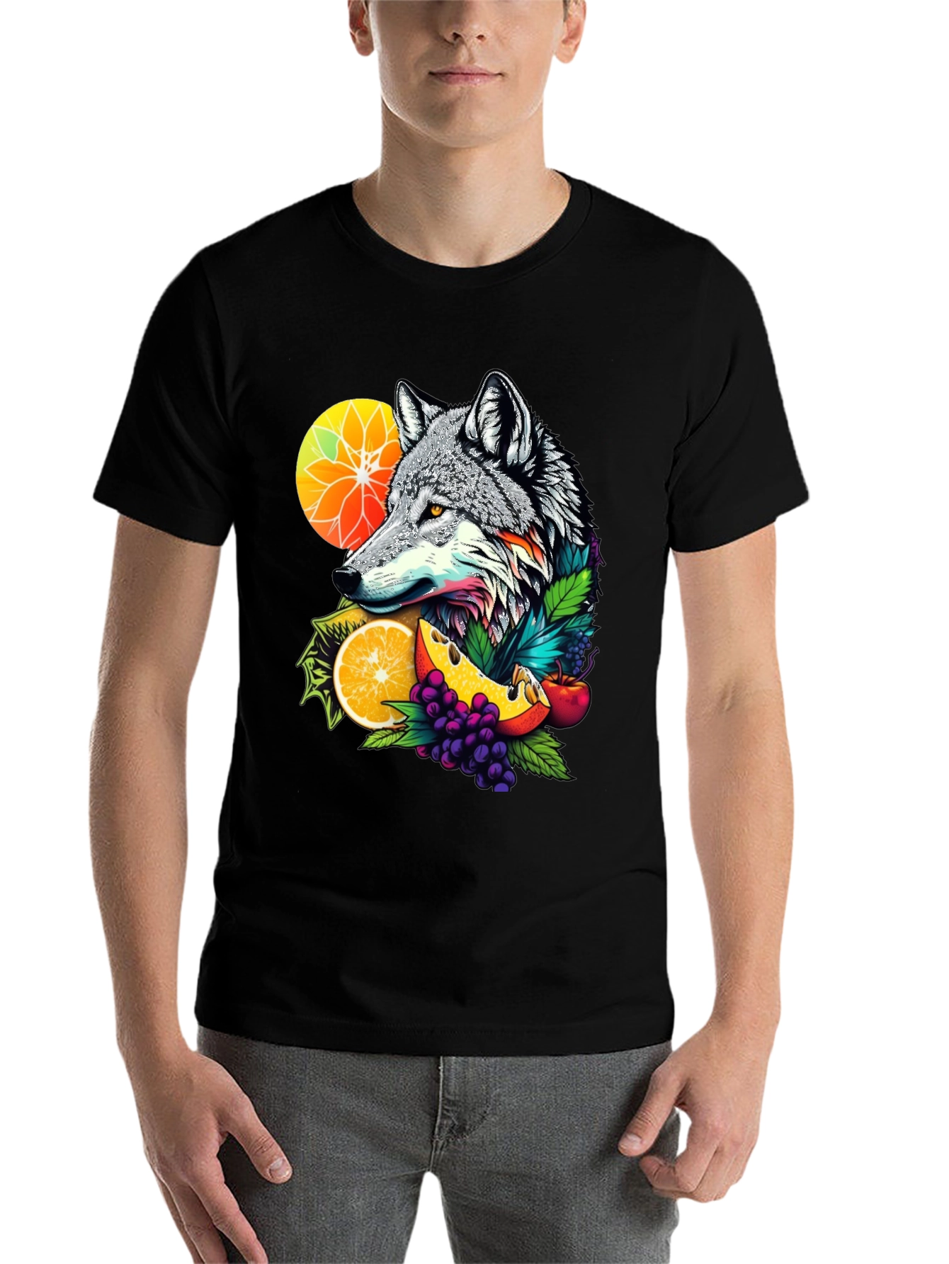 Black Wolf & Fruit Graphic Black T-Shirt view 7