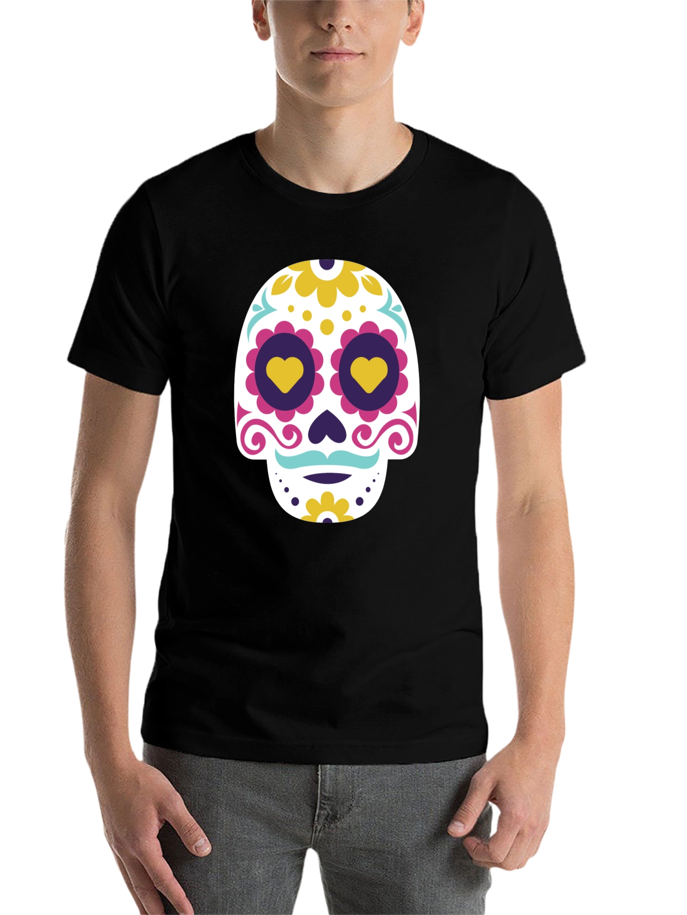 Black Black T-Shirt with Colorful Sugar Skull Graphic view 7