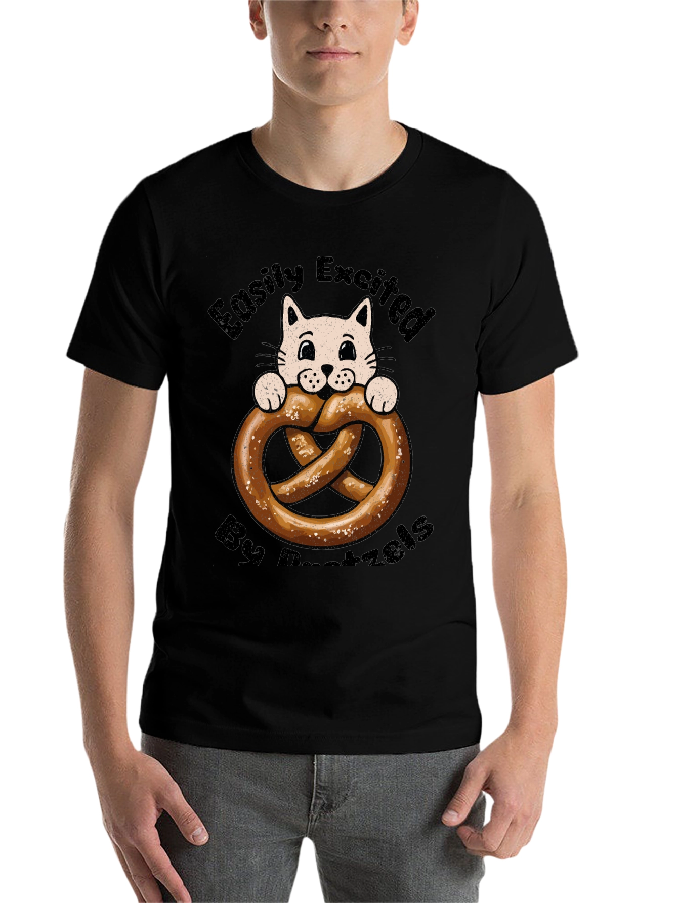 Black Easily Excited By Pretzels Cat T-Shirt view 7