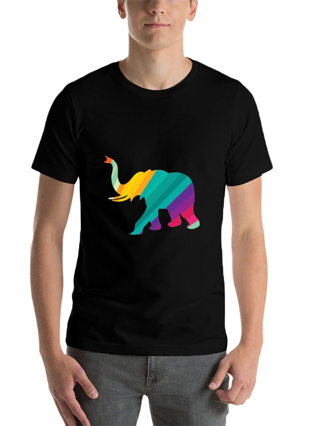 Black Rainbow Striped Elephant Graphic Tee - Unique Design view 7