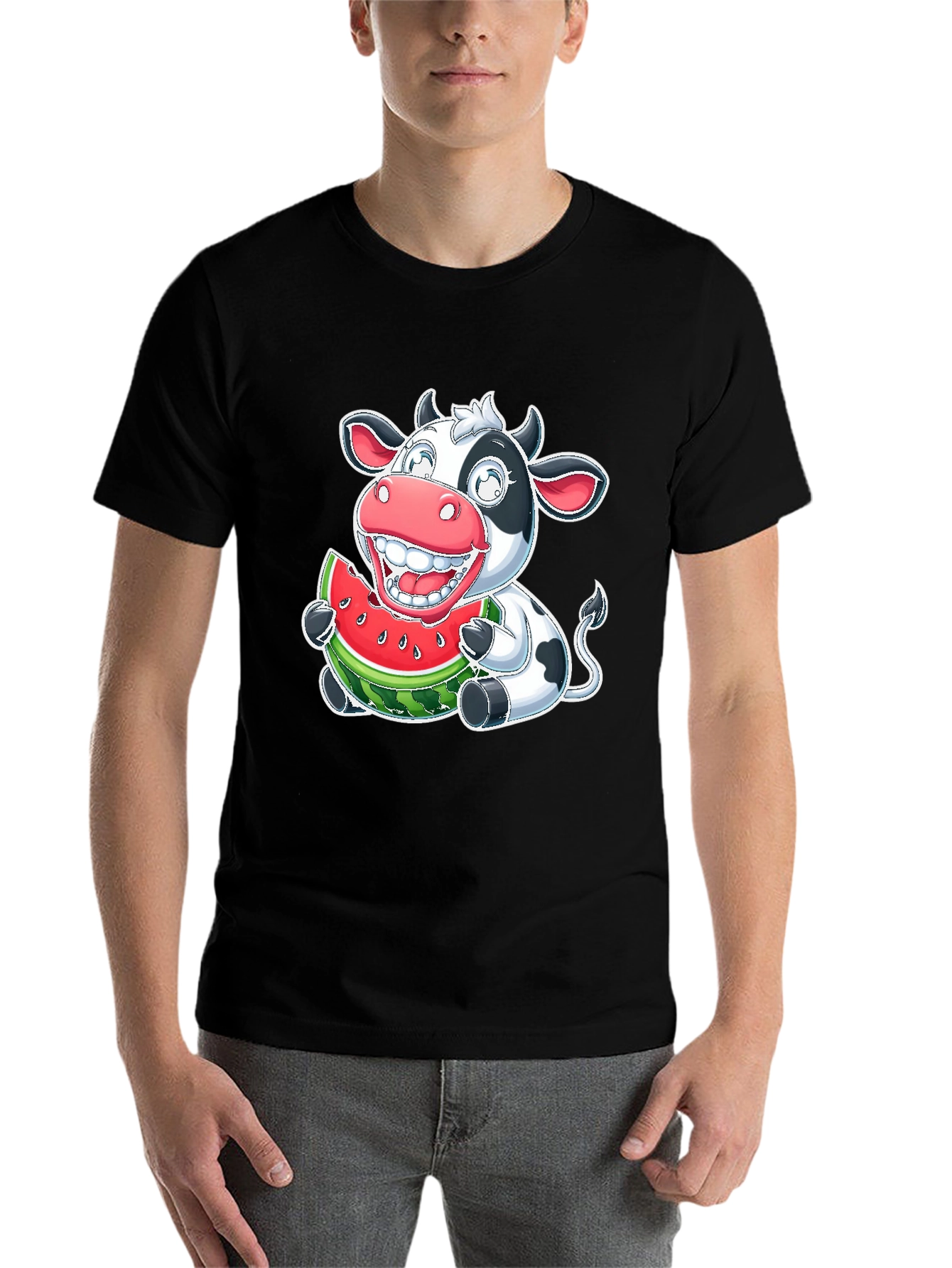Black Funny Cow Watermelon Graphic T-Shirt view 7