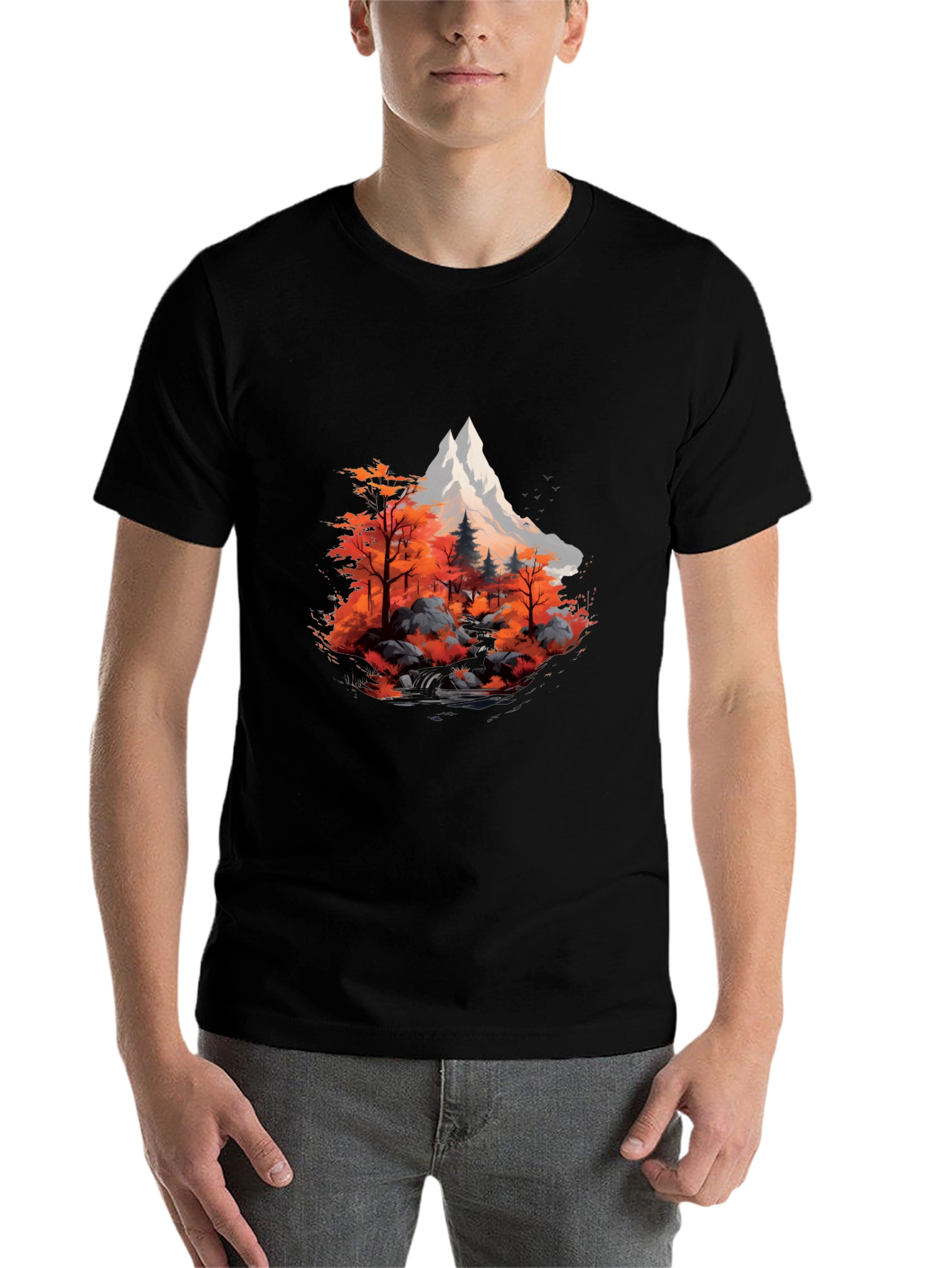 Black Mountain & Autumn Forest Graphic Black Tee view 7