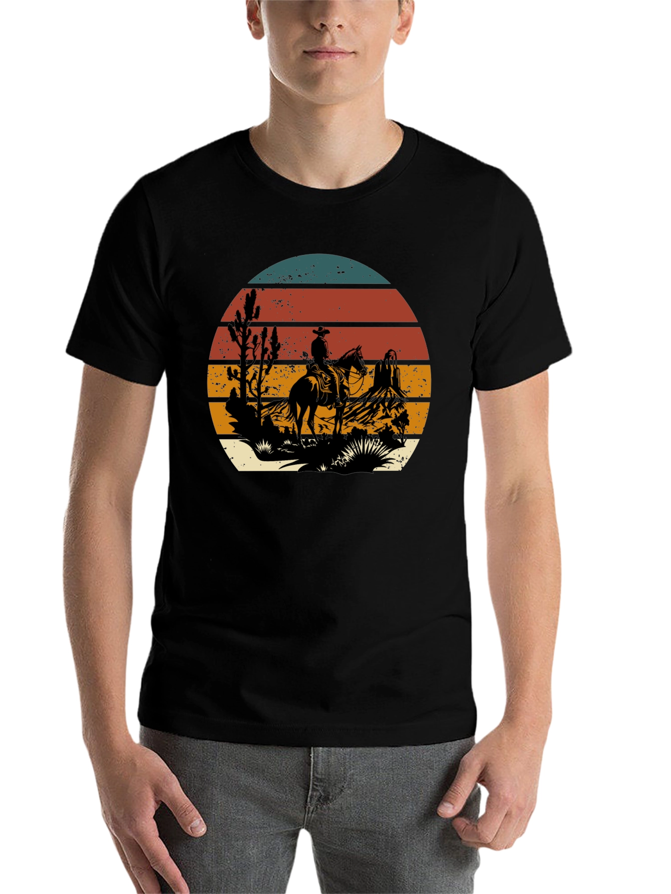 Black Western Cowboy Sunset Graphic T-Shirt view 7