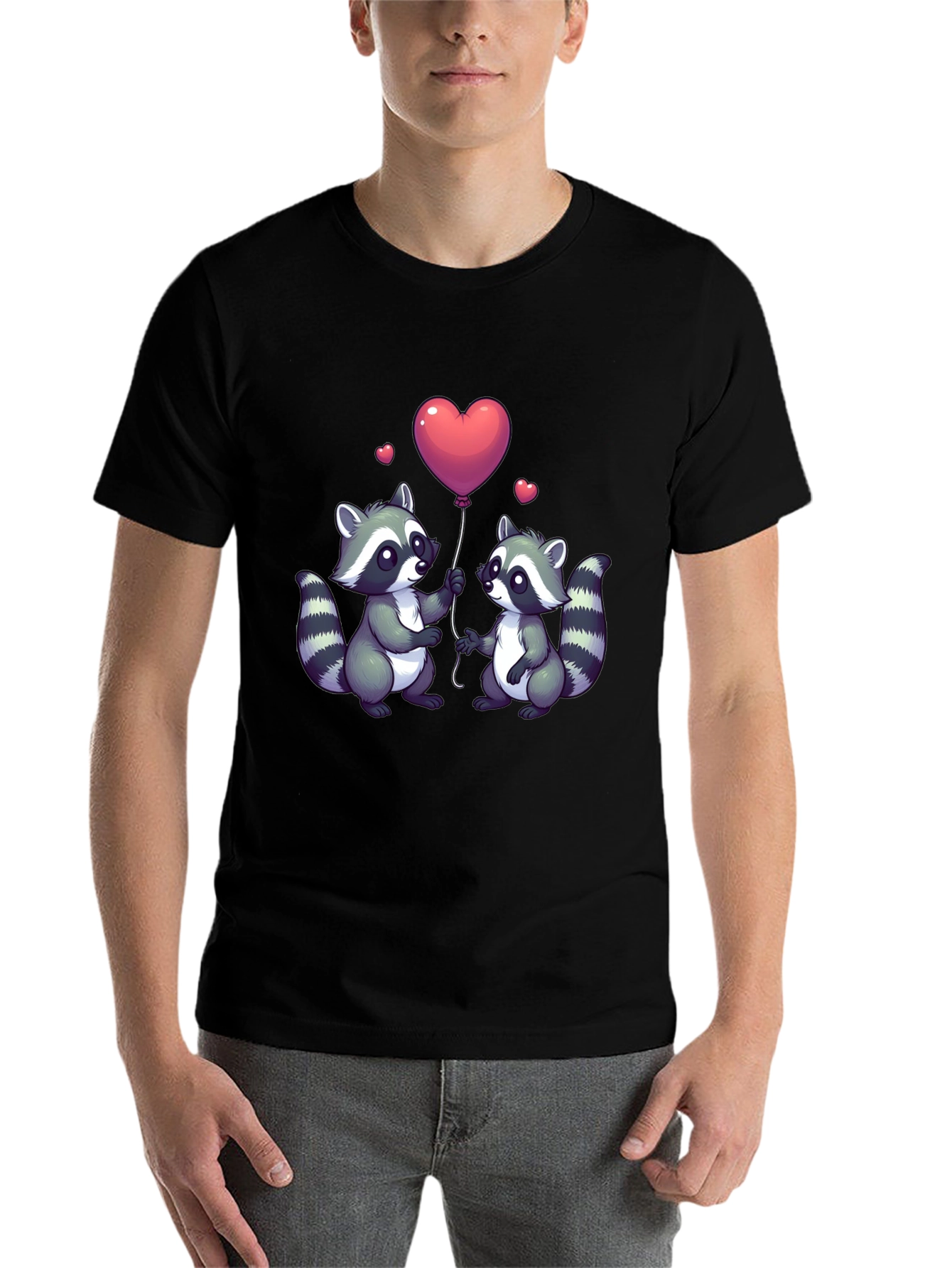 Black Cute Raccoon Love Balloon Graphic T-Shirt view 7
