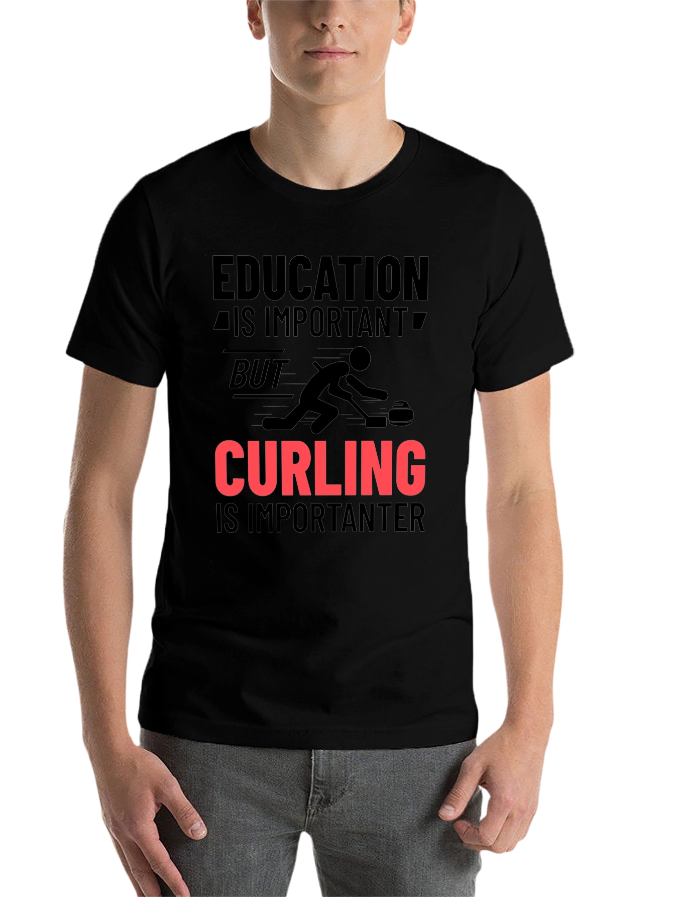 Black Funny Curling T-Shirt: Education vs Curling view 7