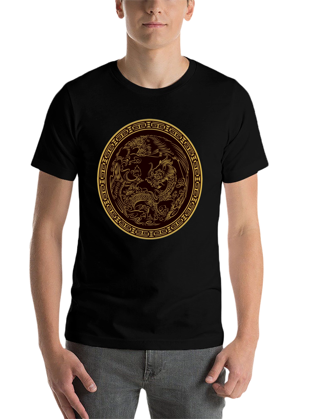 Black Dragon and Phoenix Gold Print Black T-Shirt view 7