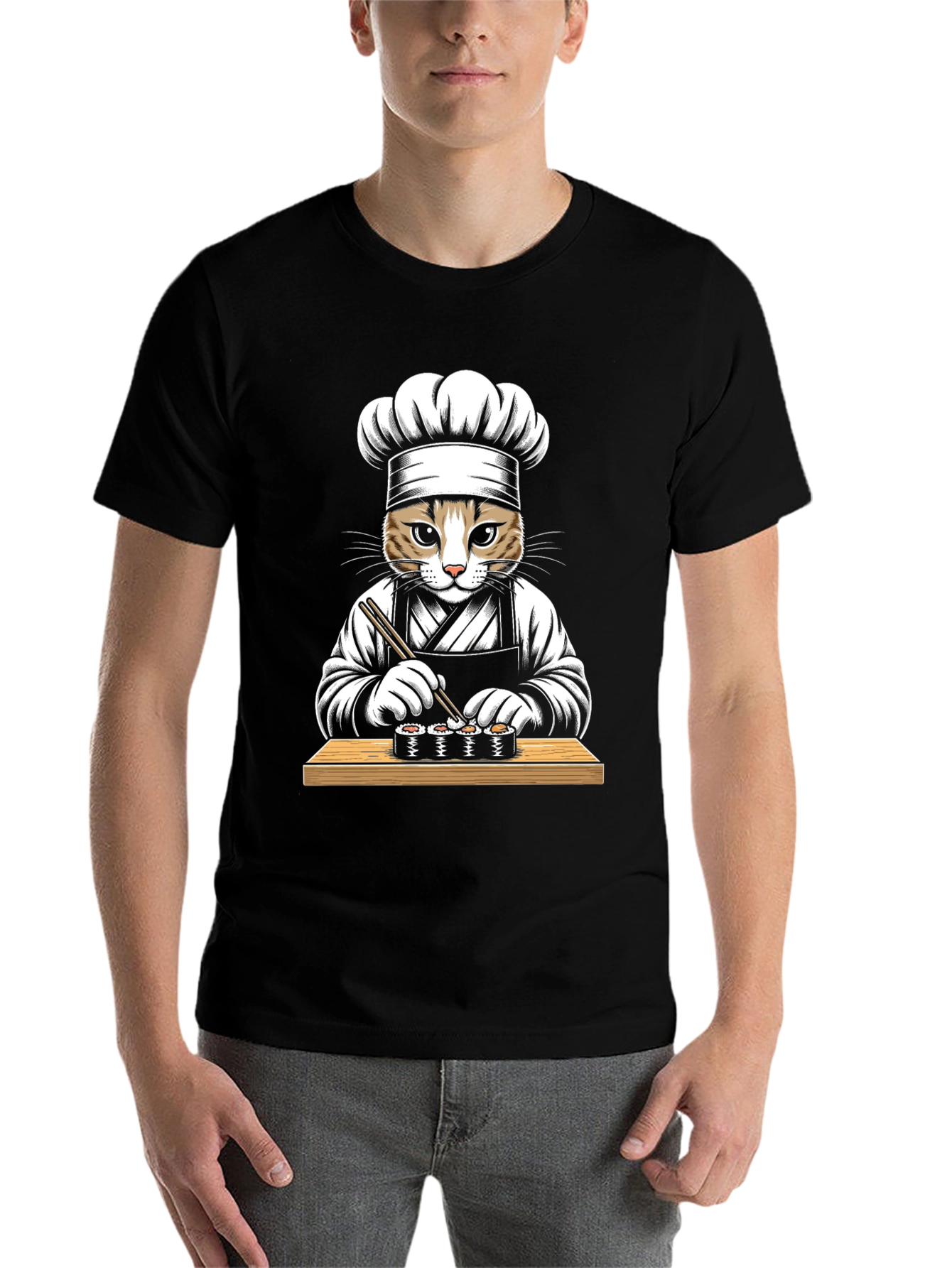 Black Cat Sushi Chef Graphic Tee - Unisex Black T-Shirt view 7