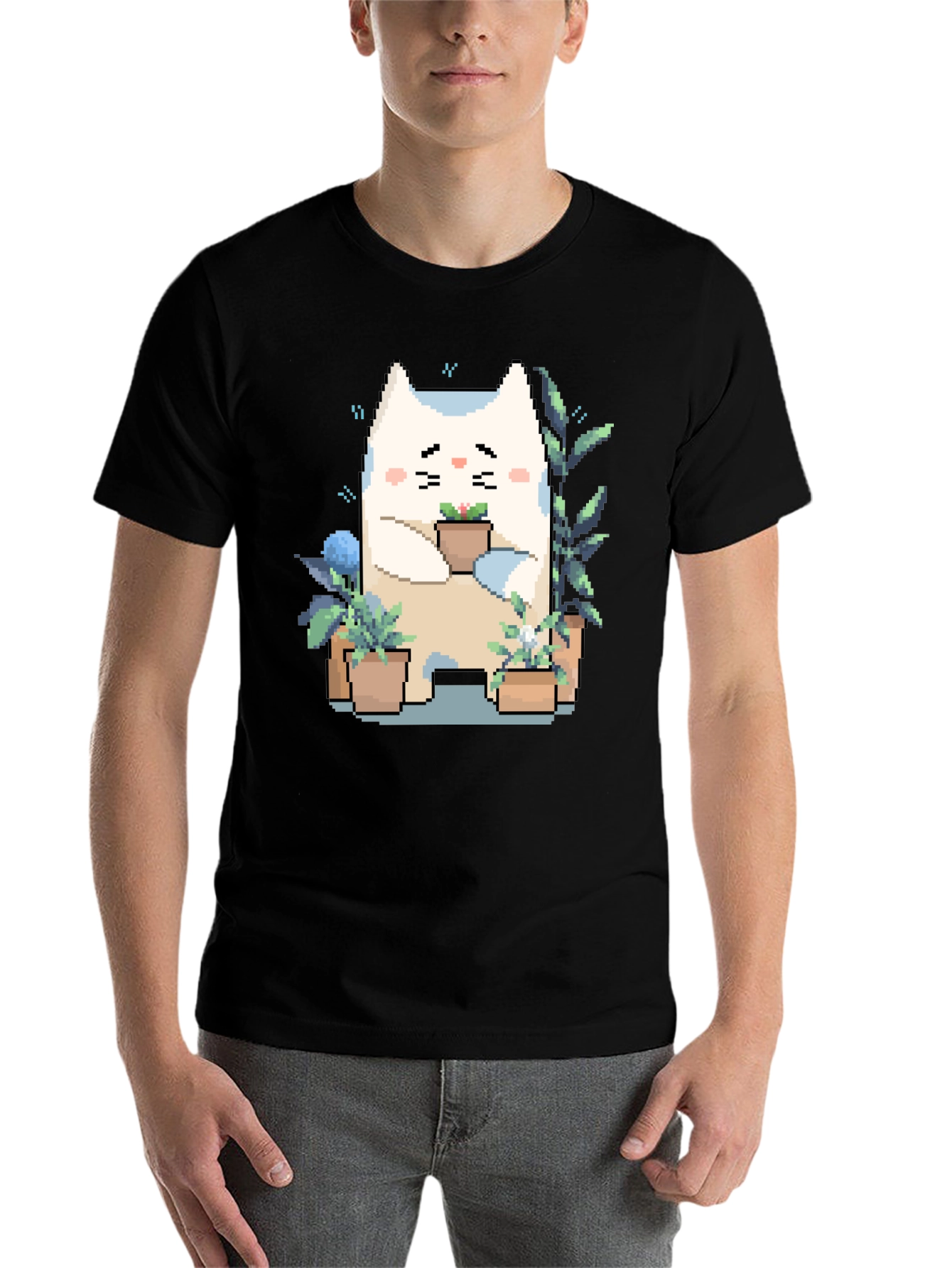 Black Cute Pixel Cat with Plants Black T-Shirt view 7