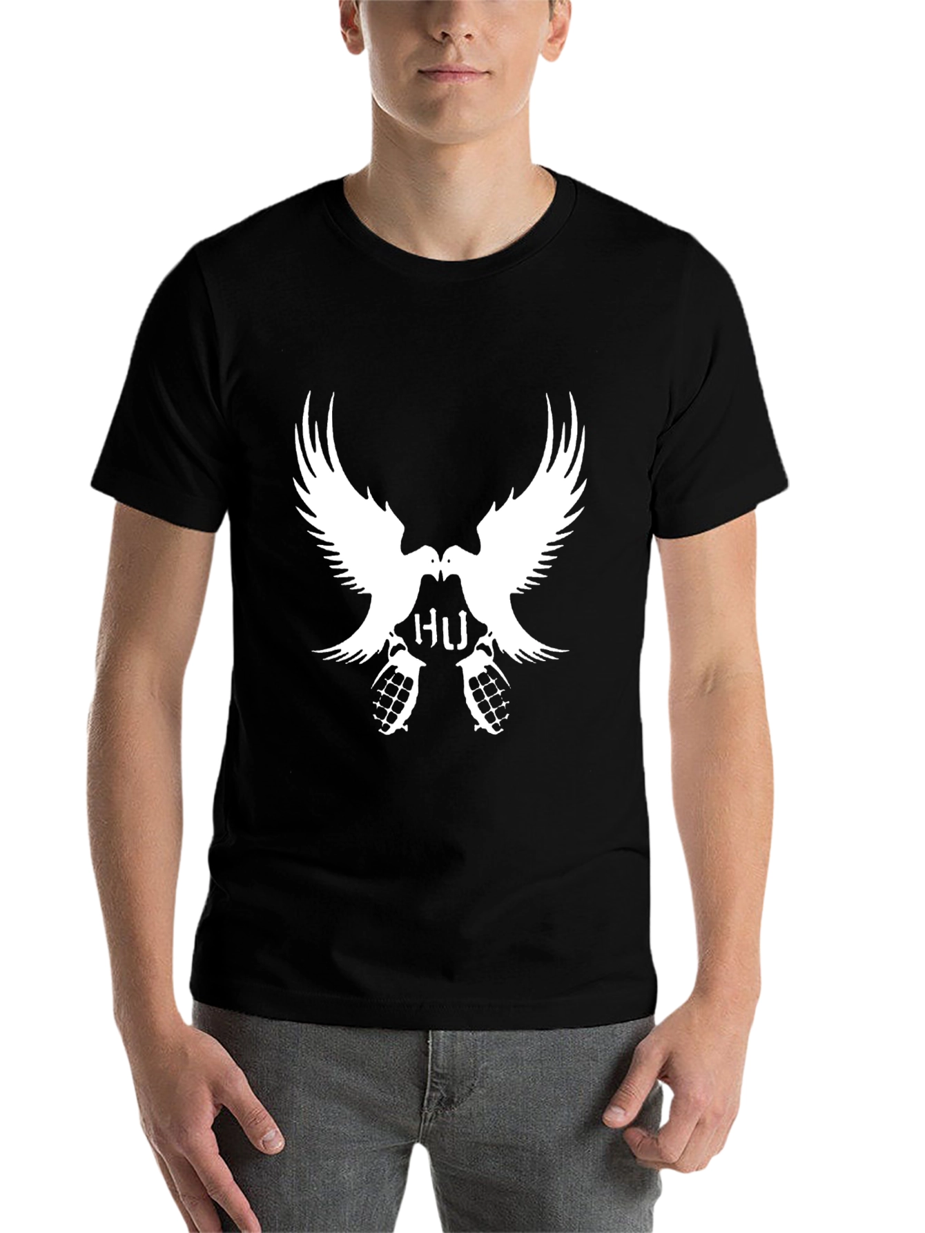 Black Statement Black T-Shirt with Dove & Grenade Design view 7