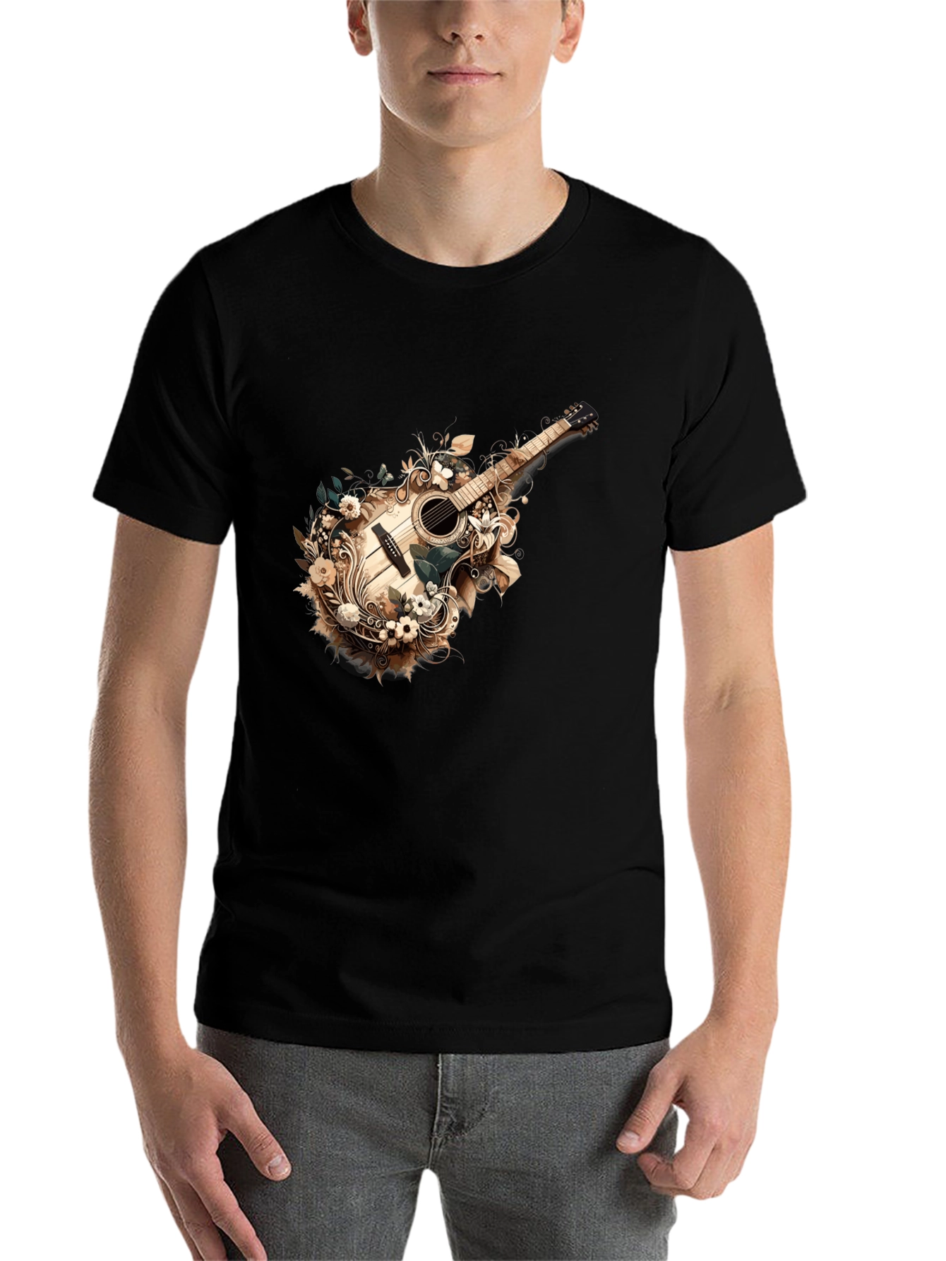 Black Floral Guitar Graphic Tee - Stylish Black T-Shirt view 7