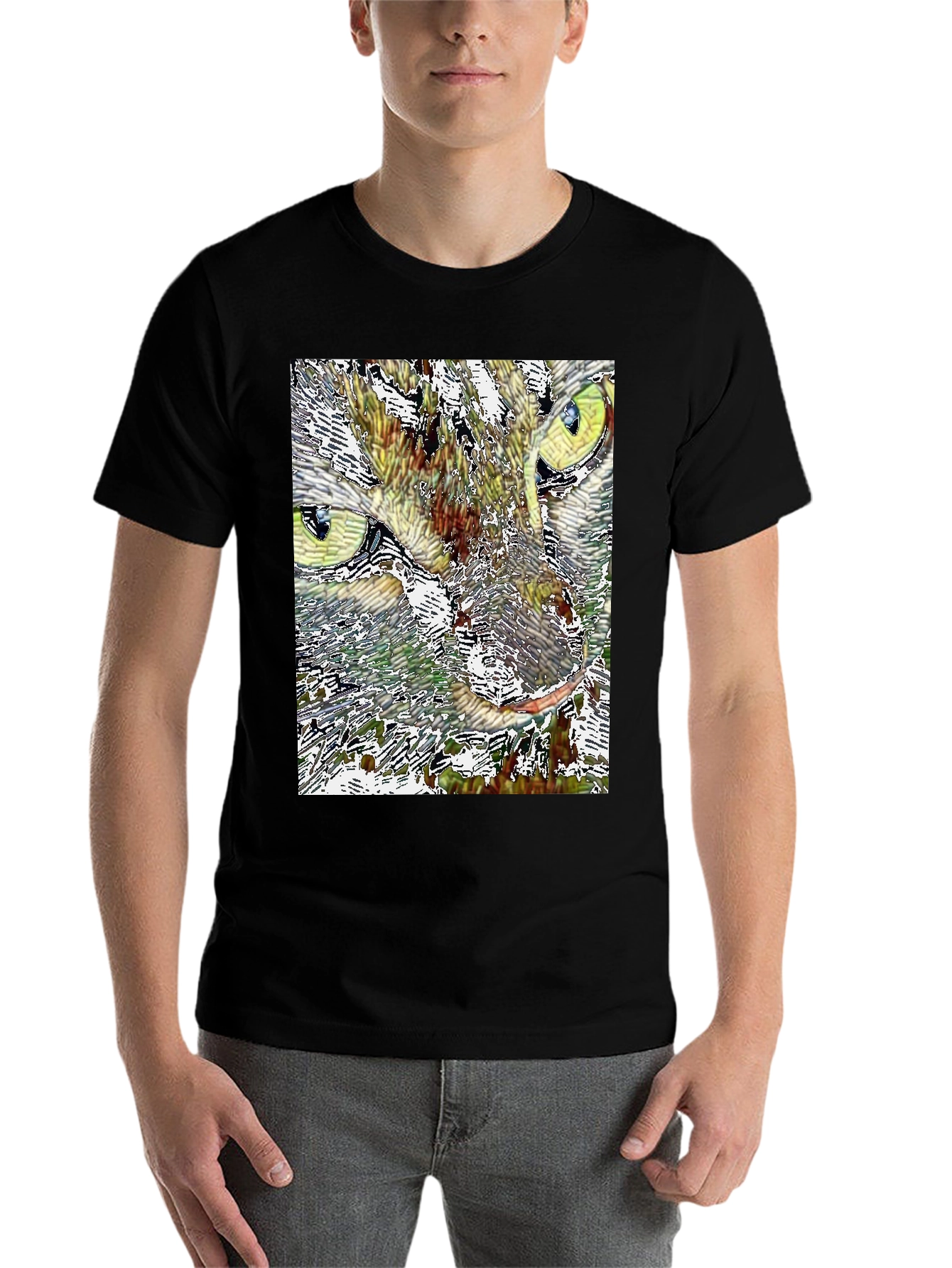 Black Abstract Cat Face Graphic Print Black T-Shirt view 7