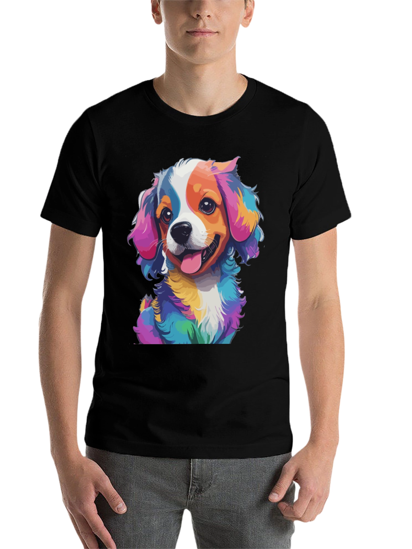 Black Colorful Dog Graphic Tee - Men's Black T-Shirt view 7