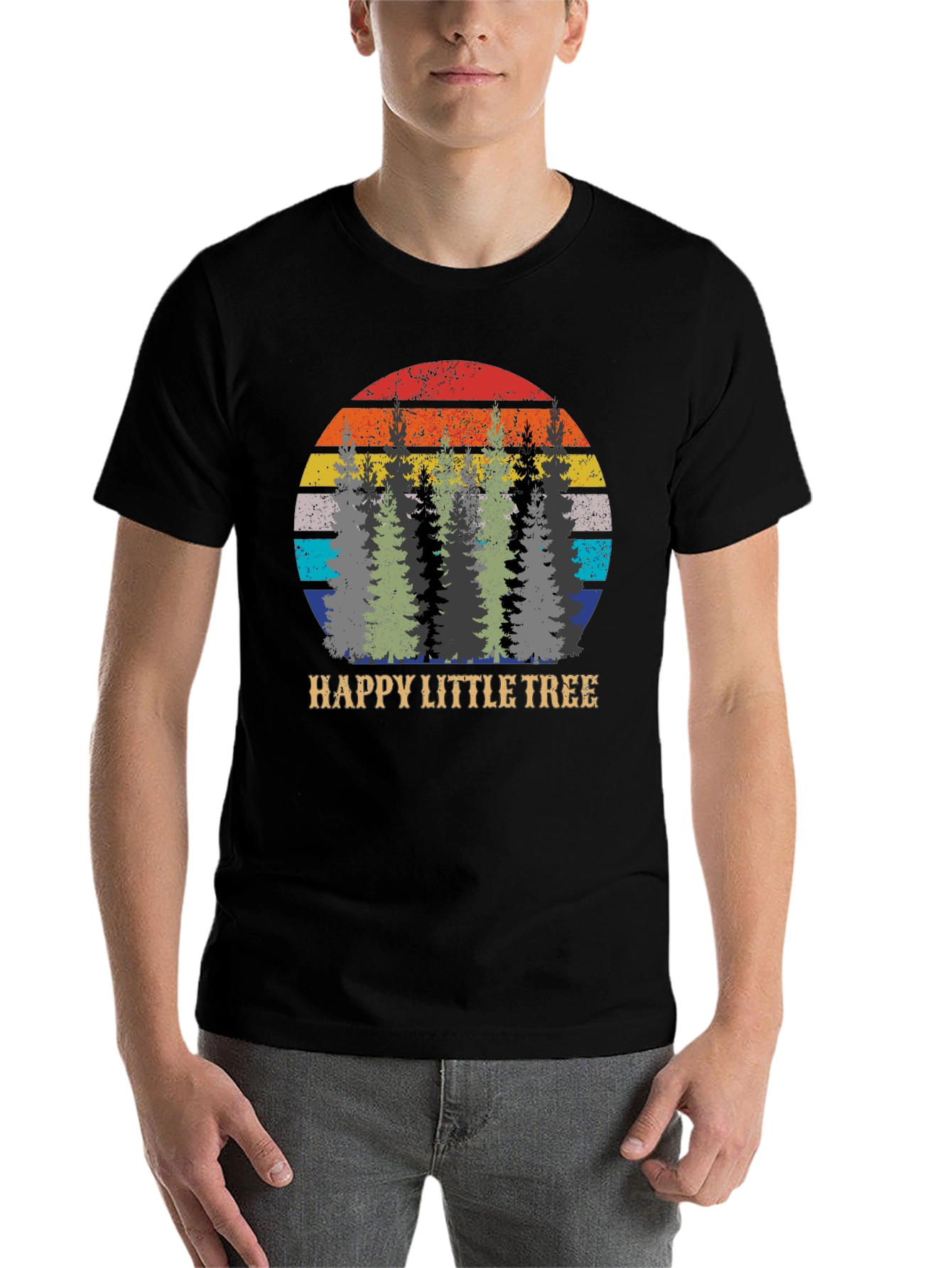 Black Happy Little Tree Retro Sunset Graphic Tee view 7