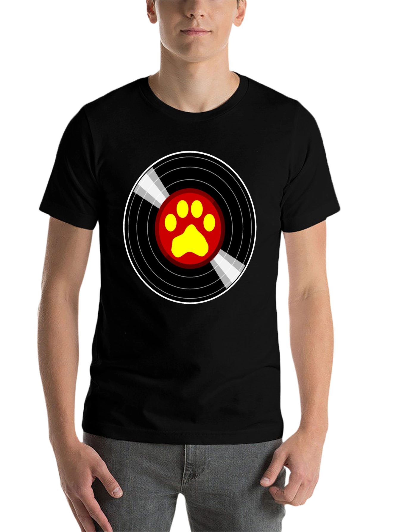 Black Vinyl Paw Print T-Shirt - Music Loving Pet Owner view 7