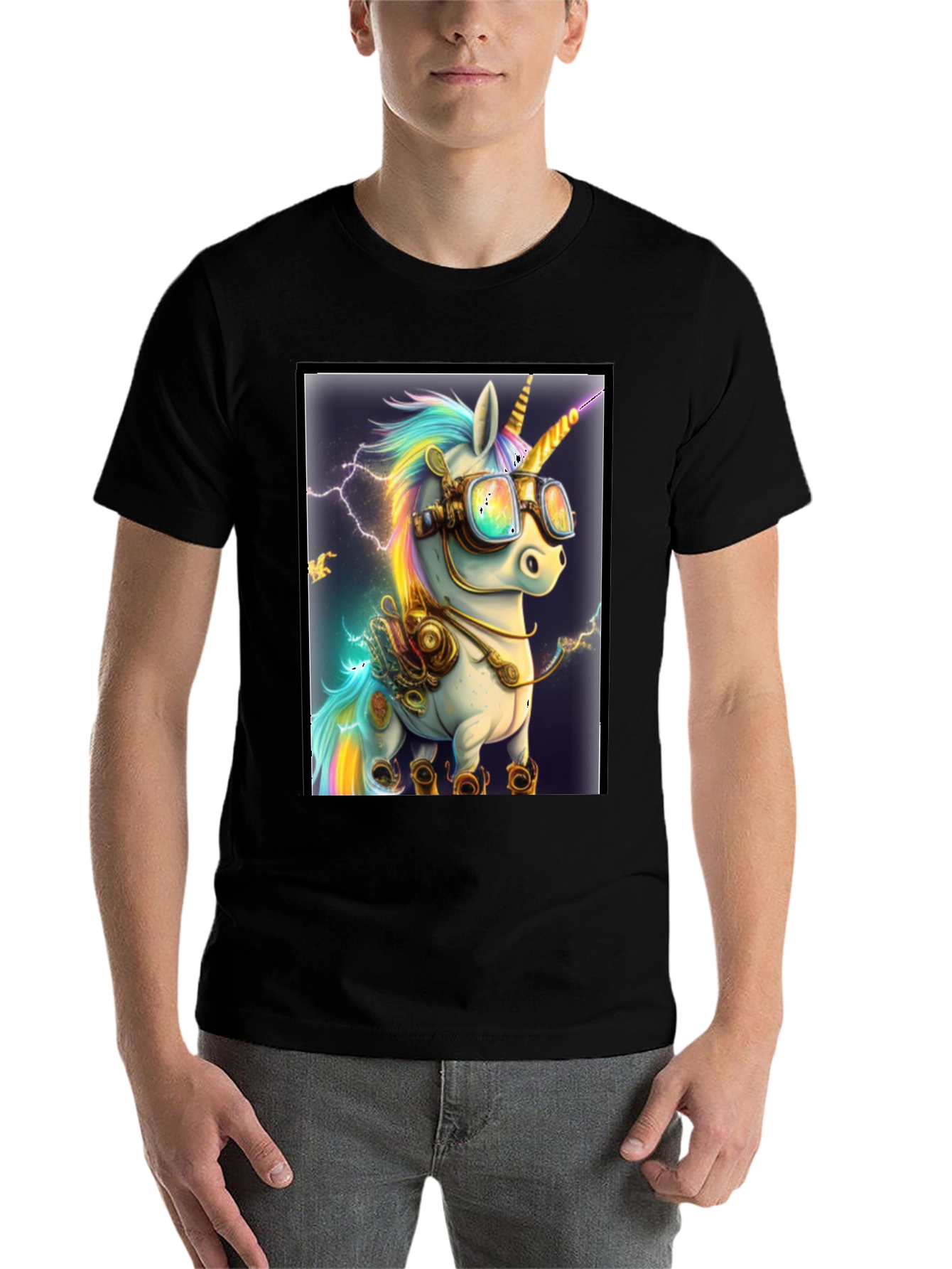 Black Steampunk Unicorn Graphic T-Shirt view 7