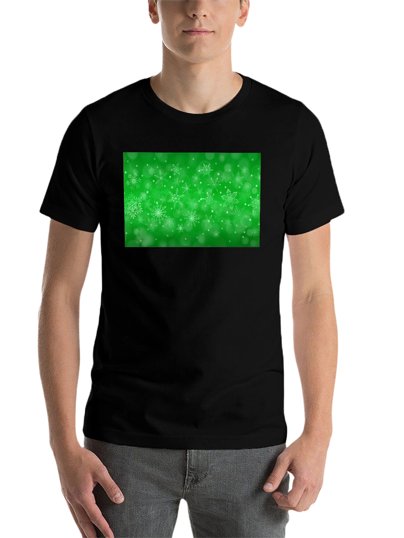 Black Snowflake Festive Green Holiday T-Shirt view 7