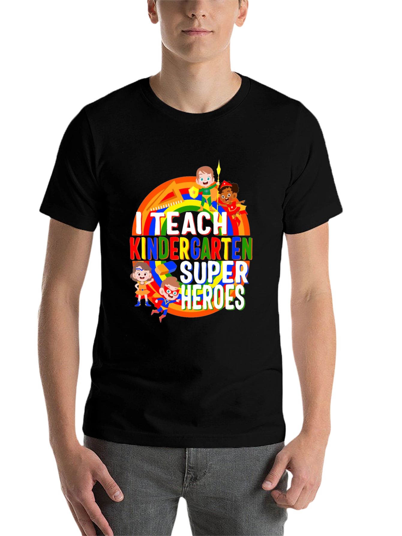 I Teach Kindergarten Super Heroes Black T-Shirt - 7