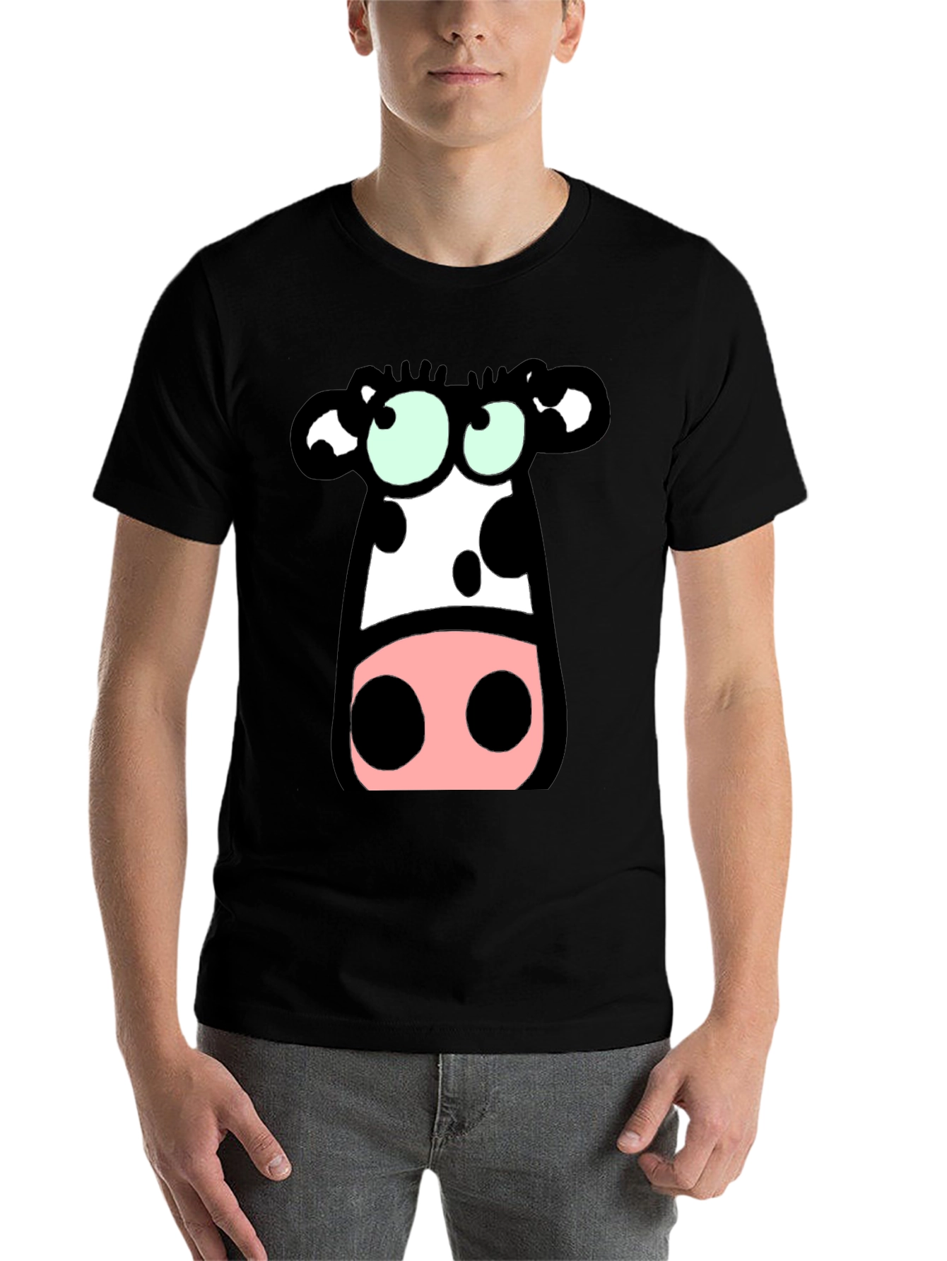 Black Cartoon Cow Graphic Tee - Black Cotton T-Shirt view 7