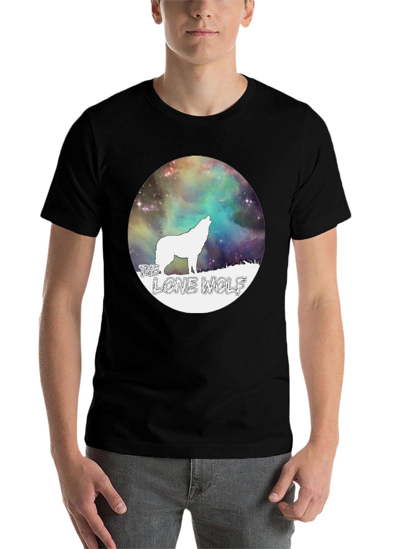 Black Lone Wolf Graphic Tee - Galaxy Design Black T-Shirt view 7