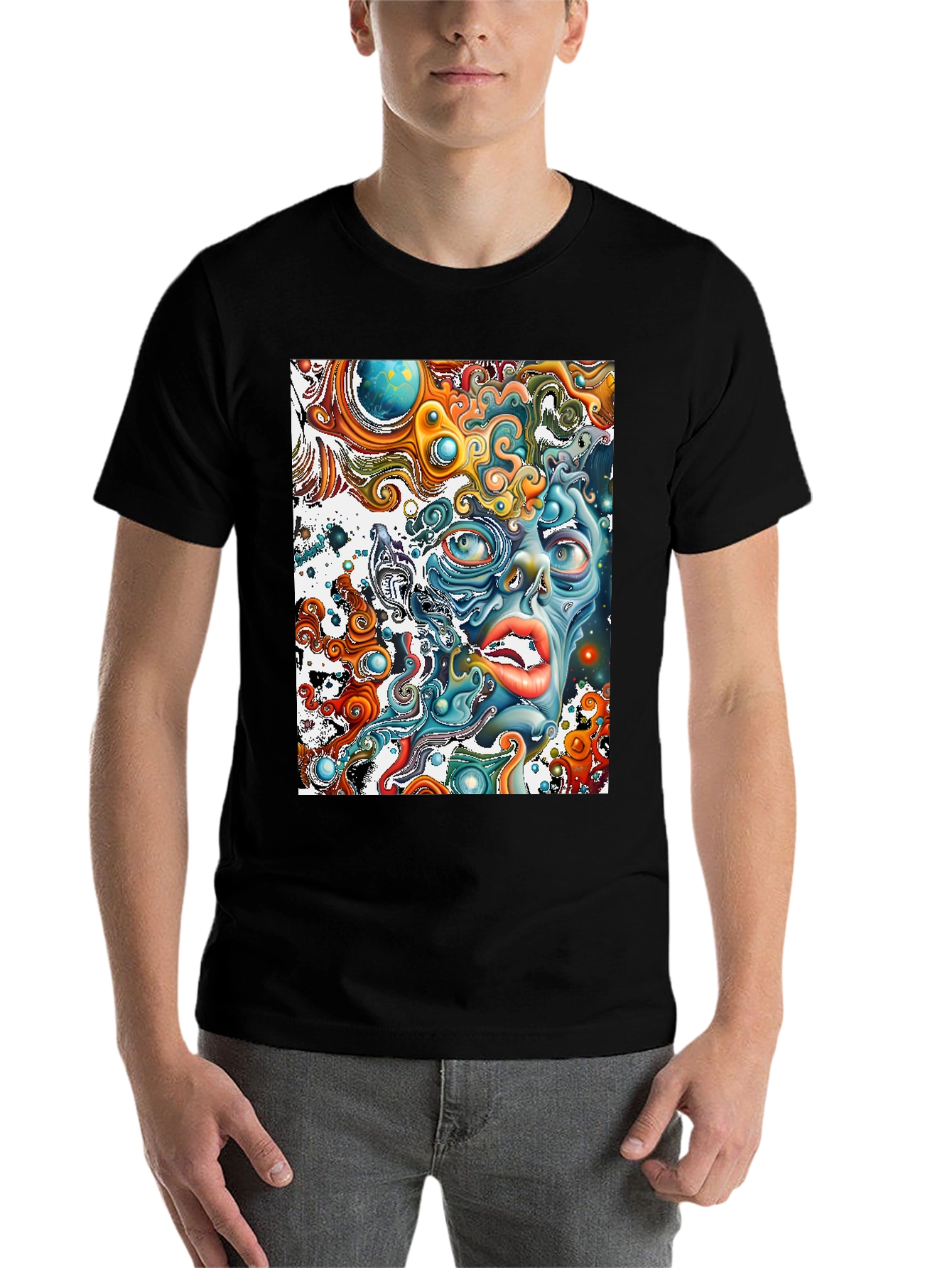 Black Surreal Face Graphic T-Shirt - Black view 7