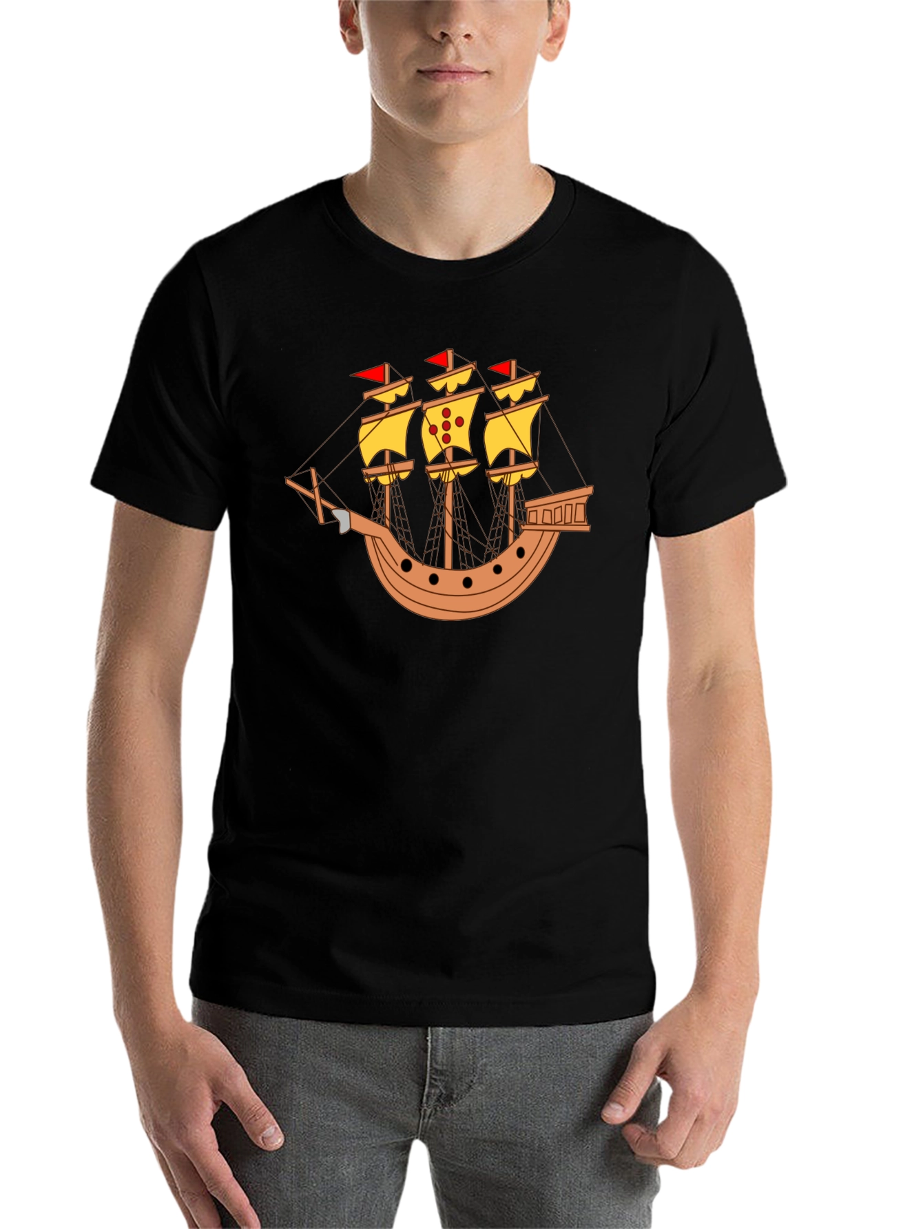 Black Black T-Shirt with Pirate Ship Design view 7