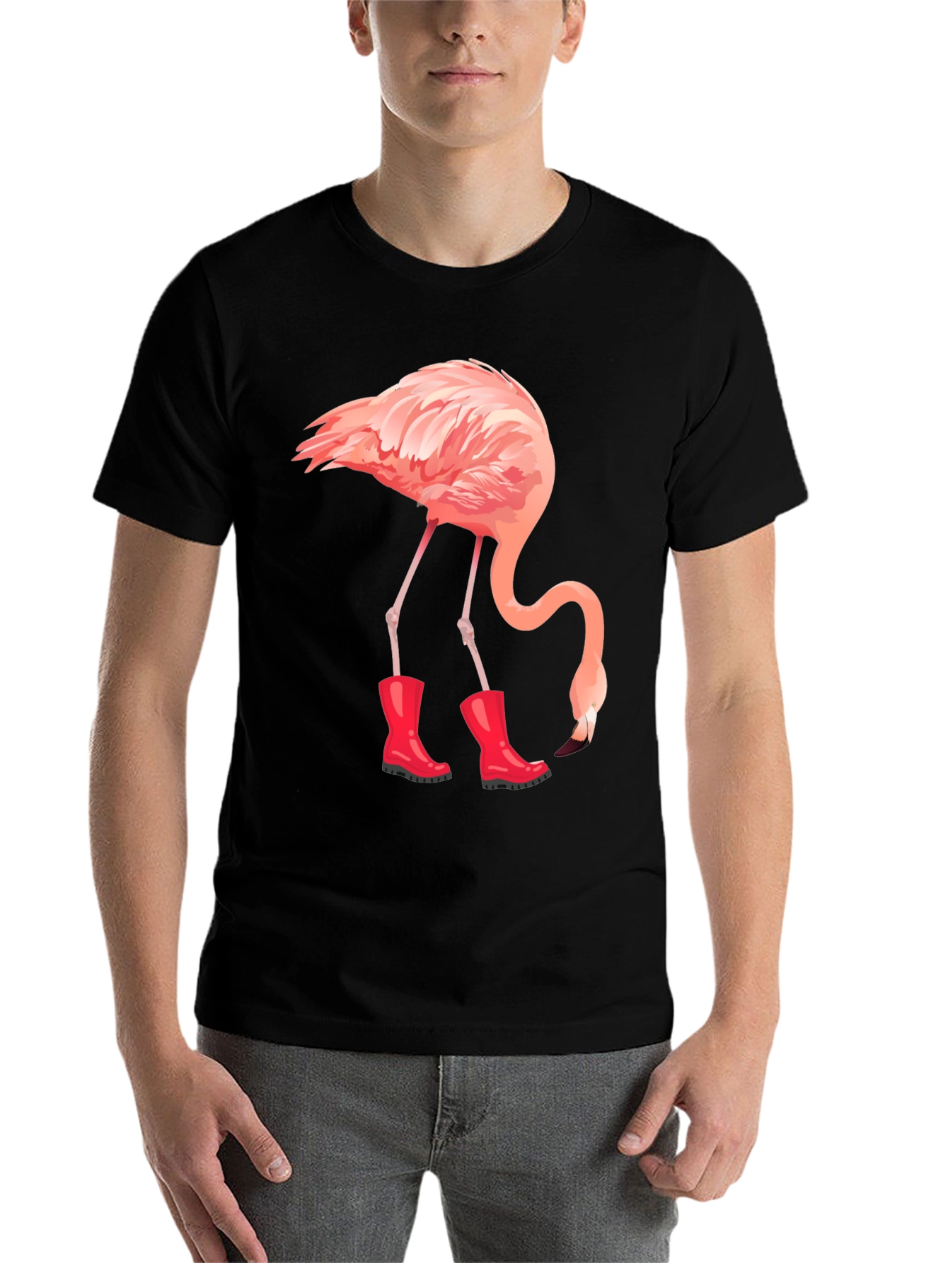 Black Flamingo in Boots Graphic Tee - Quirky Unisex T-Shirt view 7