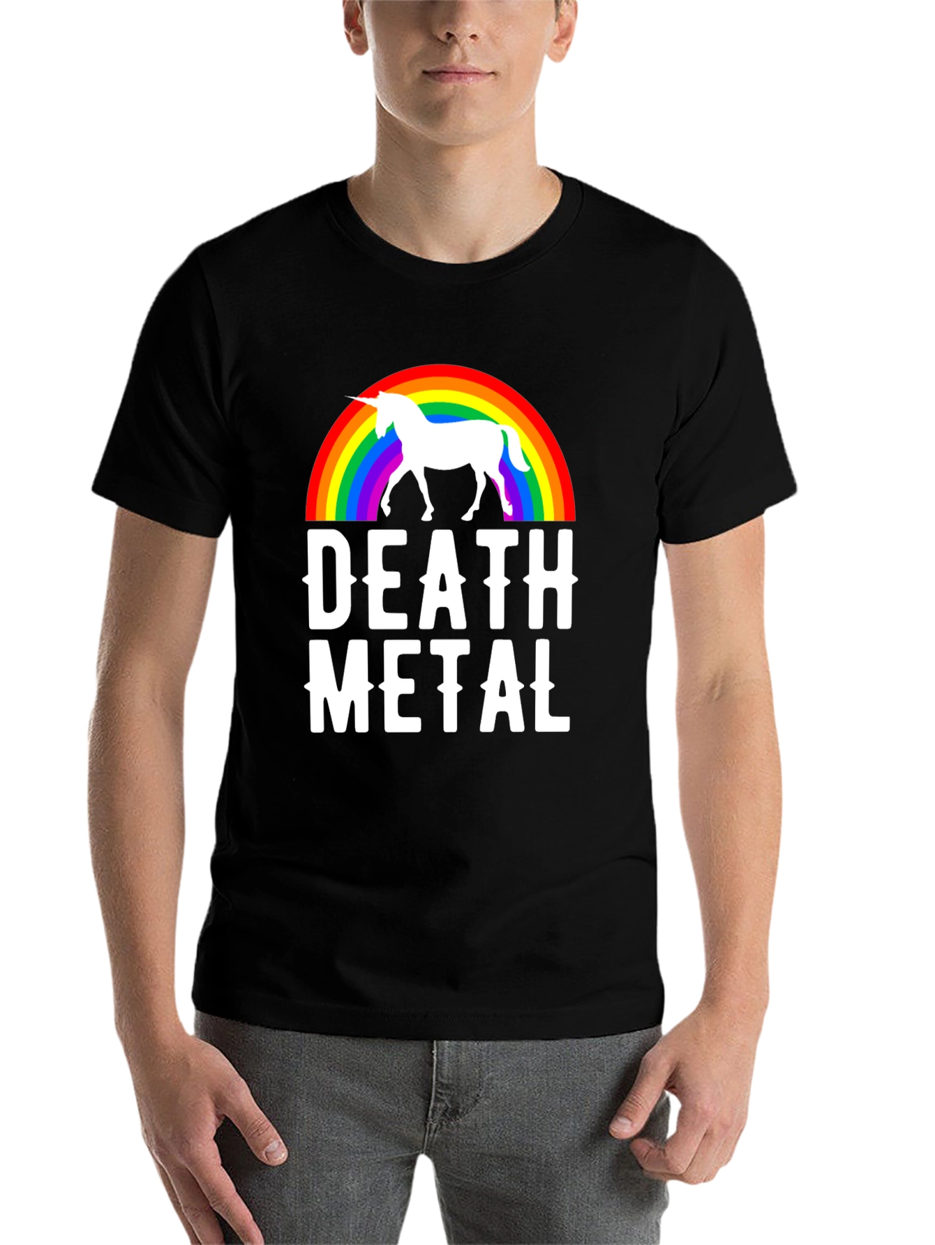 Black Death Metal Unicorn Rainbow T-Shirt - Black Cotton Tee view 7