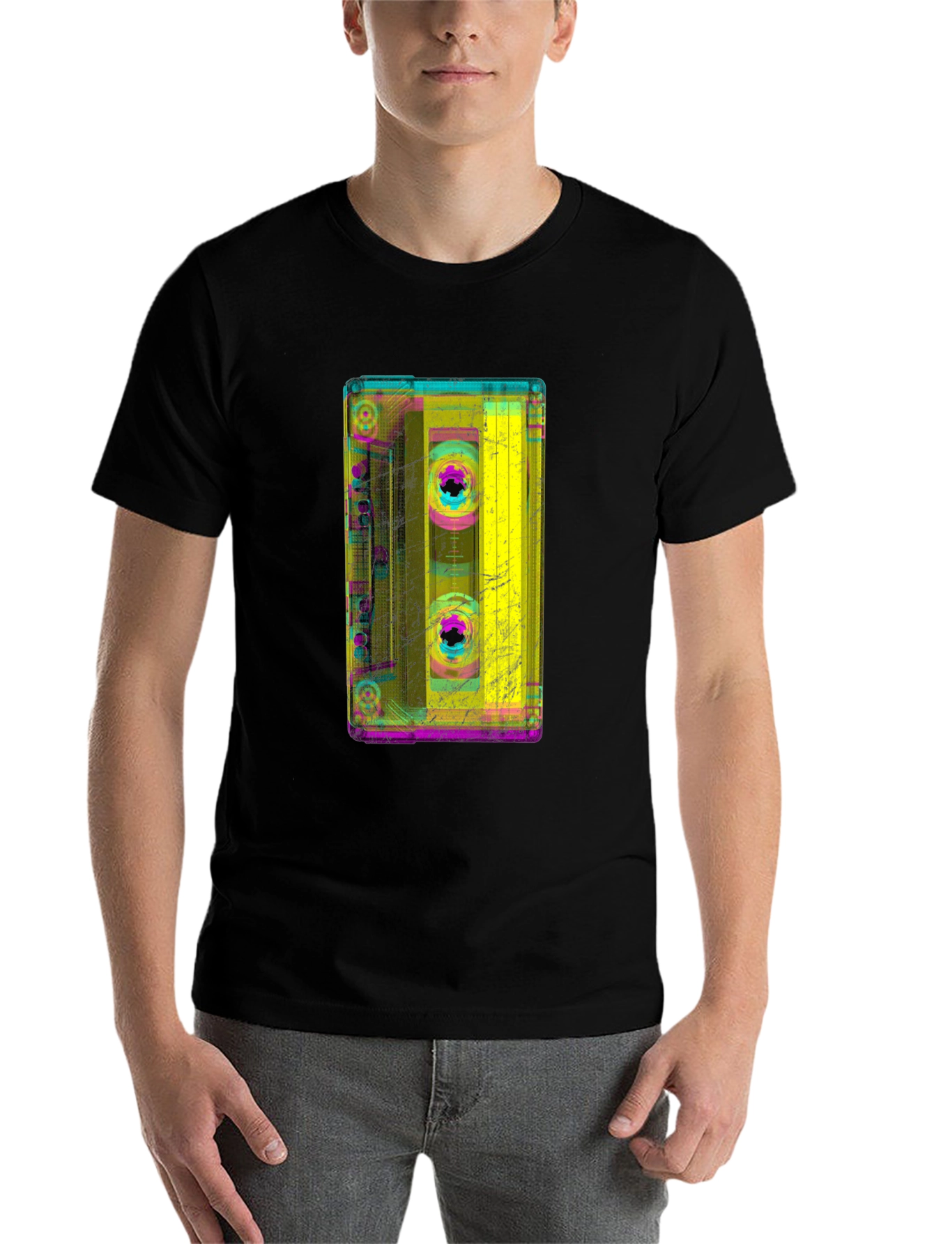 Black Retro Cassette Tape Graphic Tee - Black Cotton T-Shirt view 7