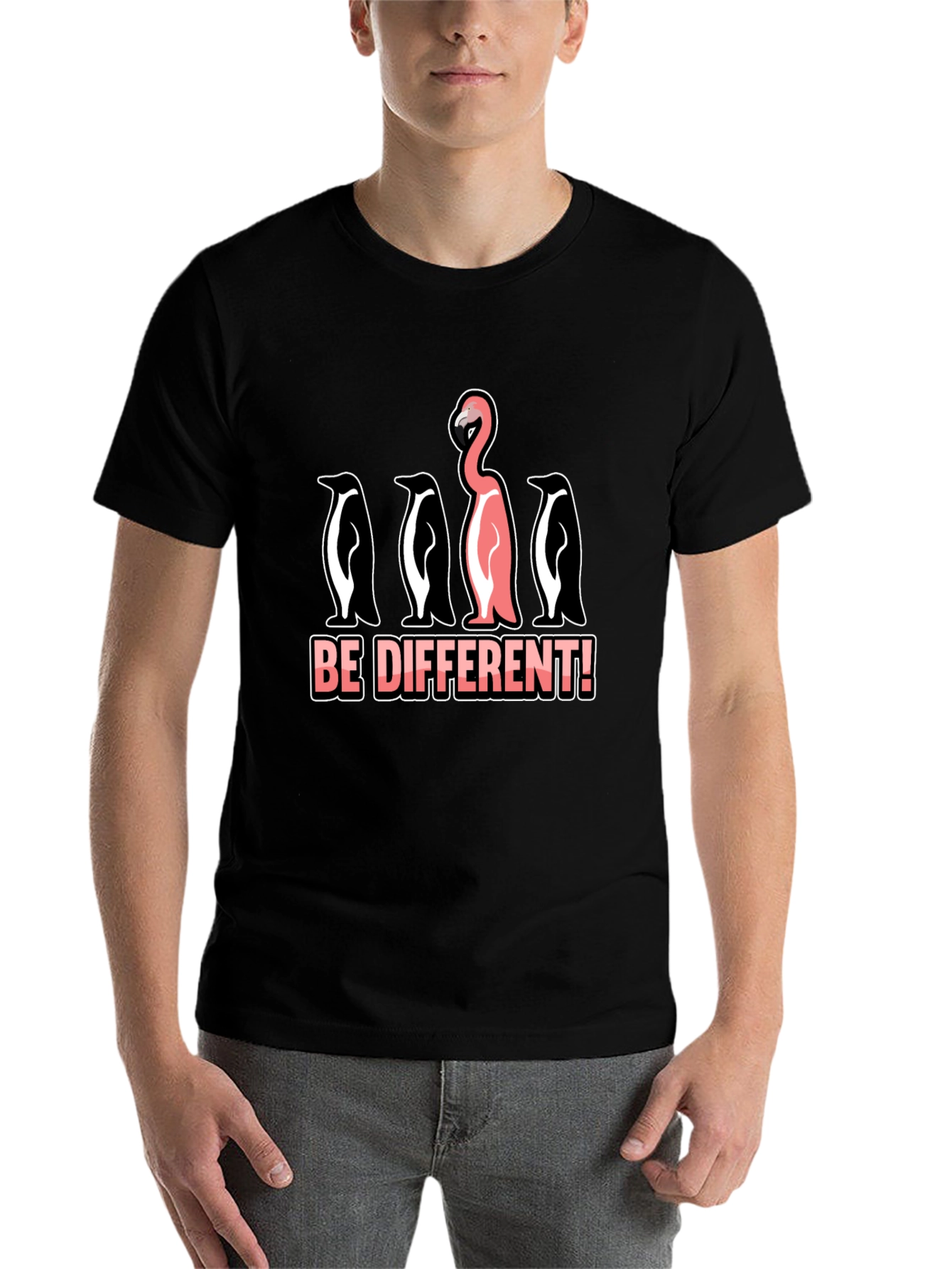Black Be Different T-Shirt Flamingo Penguin Graphic Novelty Tee view 7