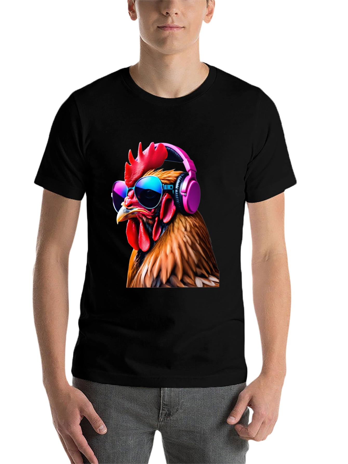 Black Cool Chicken T-Shirt with Headphones and Sunglasses view 7