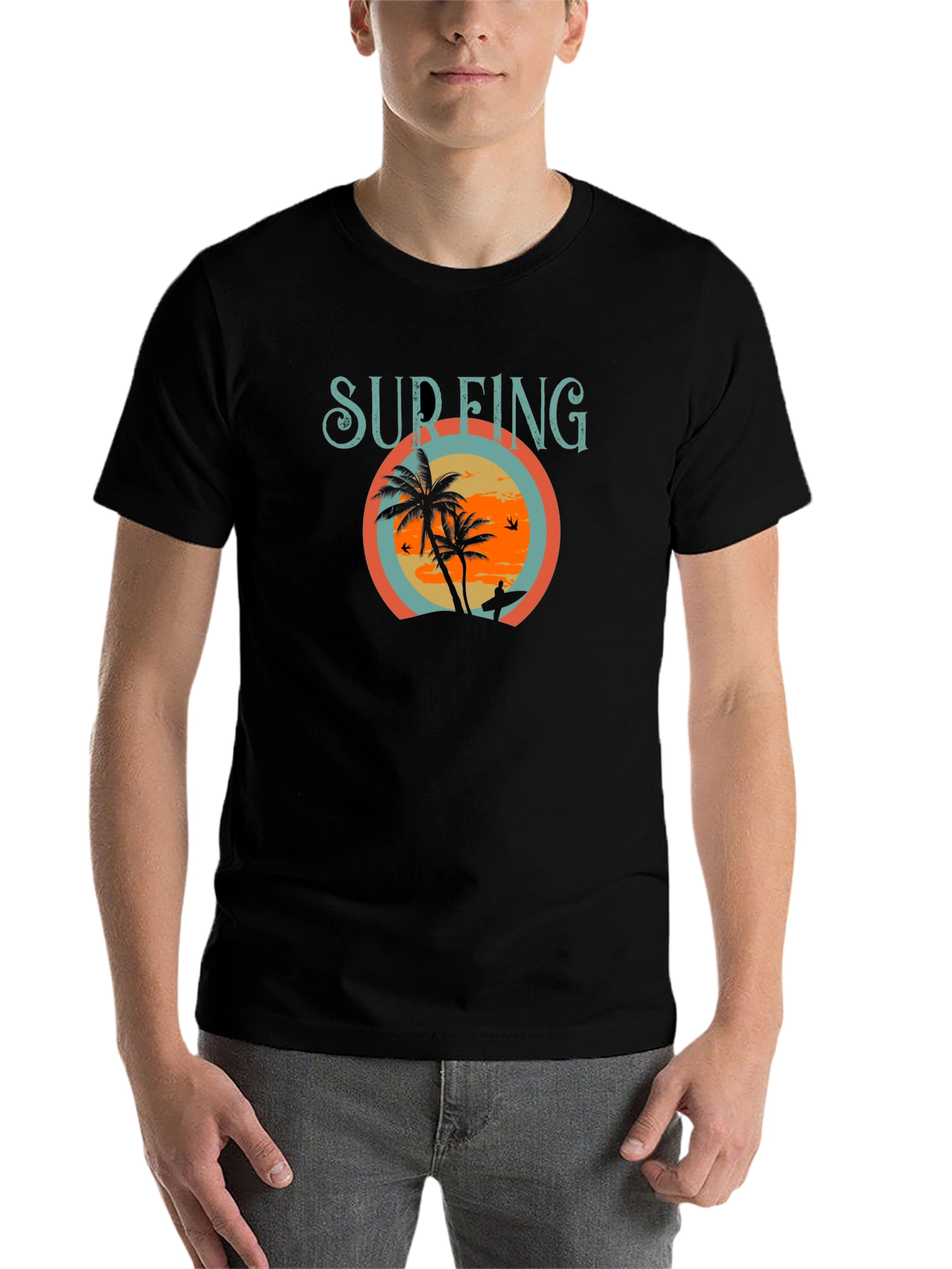 Black Surfing Palm Tree Graphic Tee - Black Cotton T-Shirt view 7