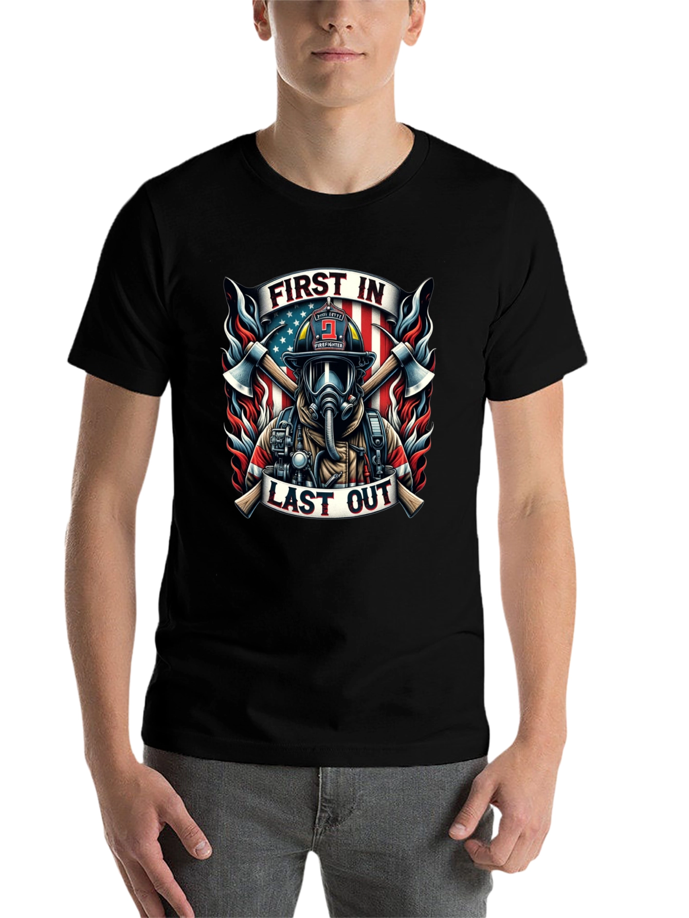 Black First In Last Out Firefighter Graphic Tee view 7