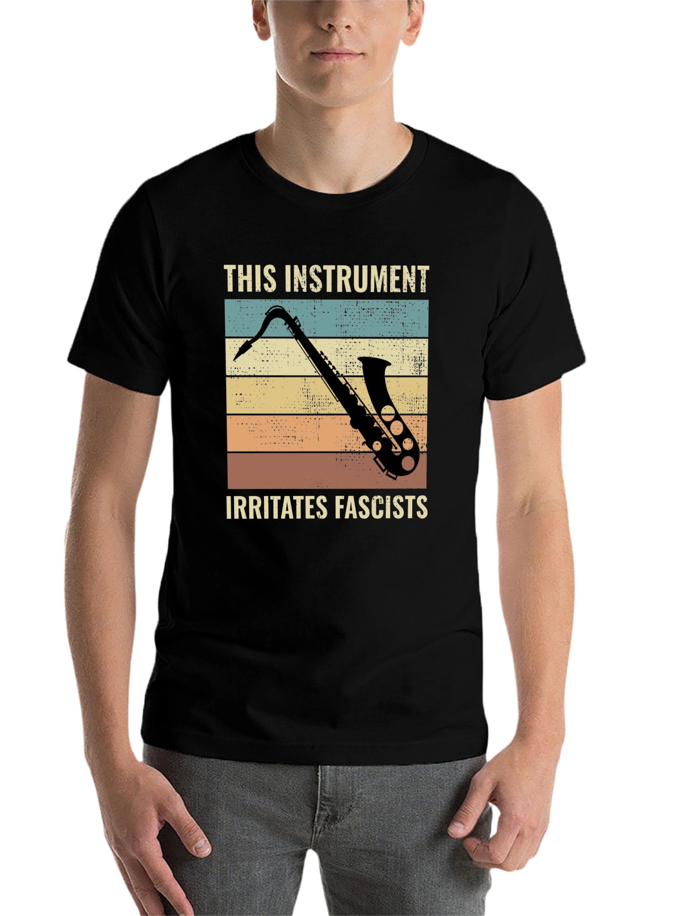 Black Saxophone Irritates Fascists Graphic Tee view 7
