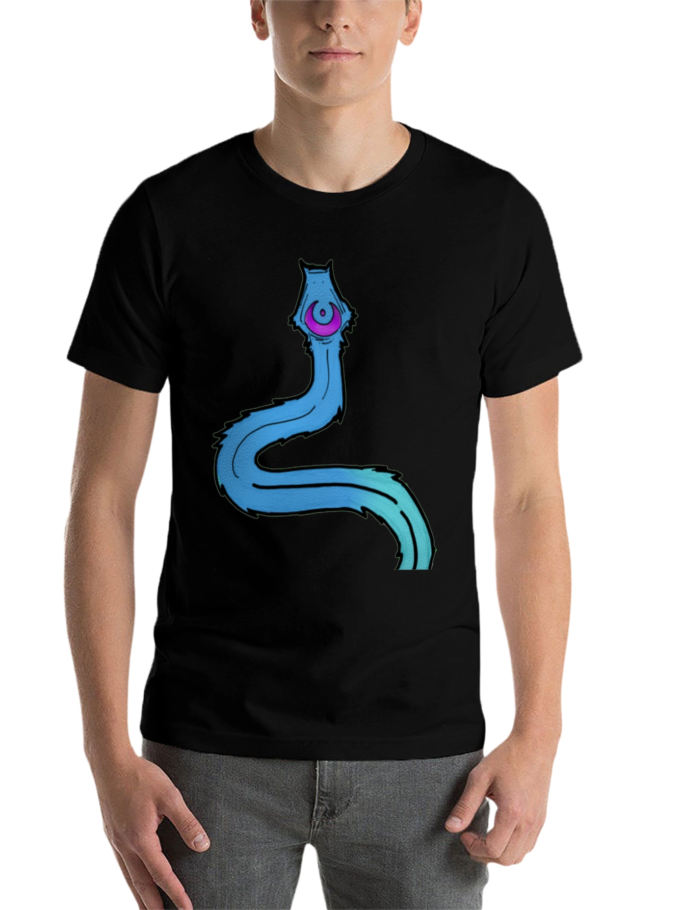 Men's Black T-Shirt with Cartoon Worm Graphic - 7
