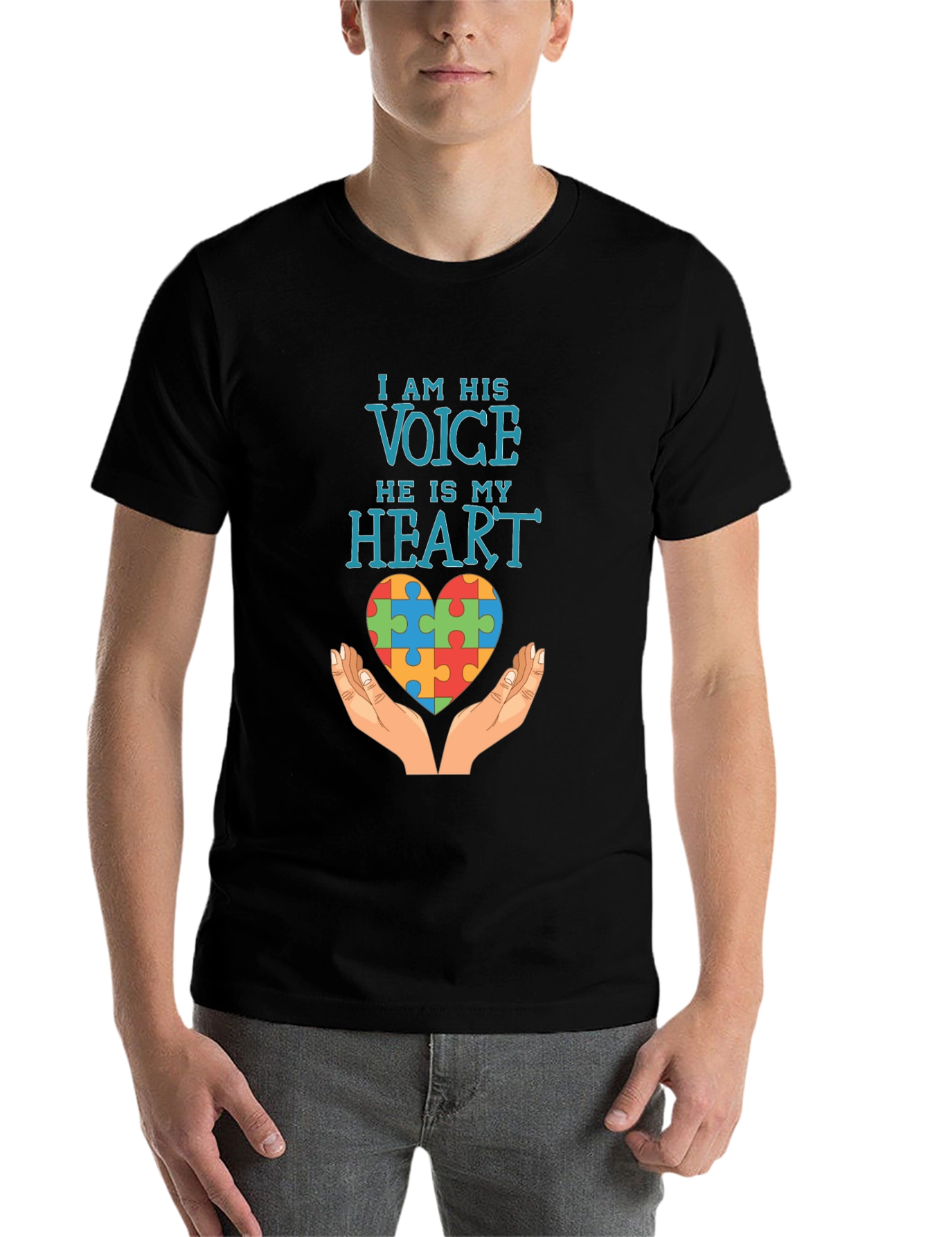 Black Autism Awareness T-Shirt: I Am His Voice, He Is My Heart view 7