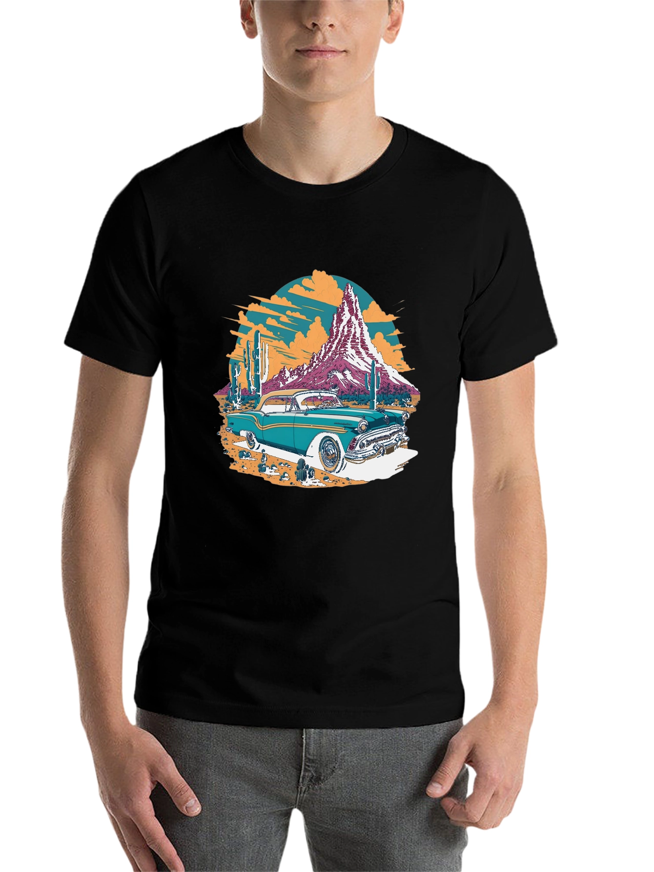 Black Retro Desert Car Graphic Tee - Classic Cool T-Shirt view 7