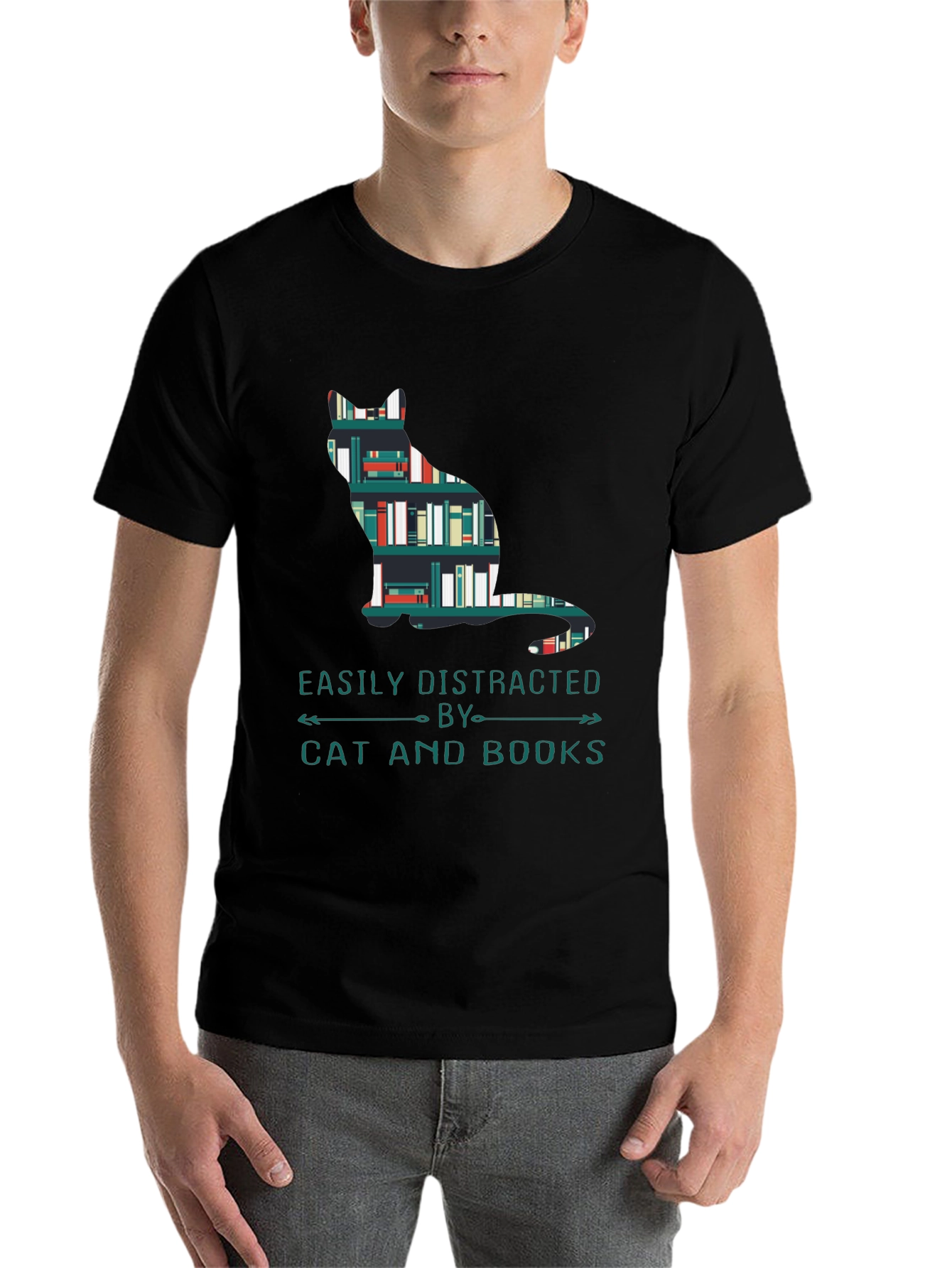 Black Cat and Books T-Shirt - Easily Distracted Tee view 7