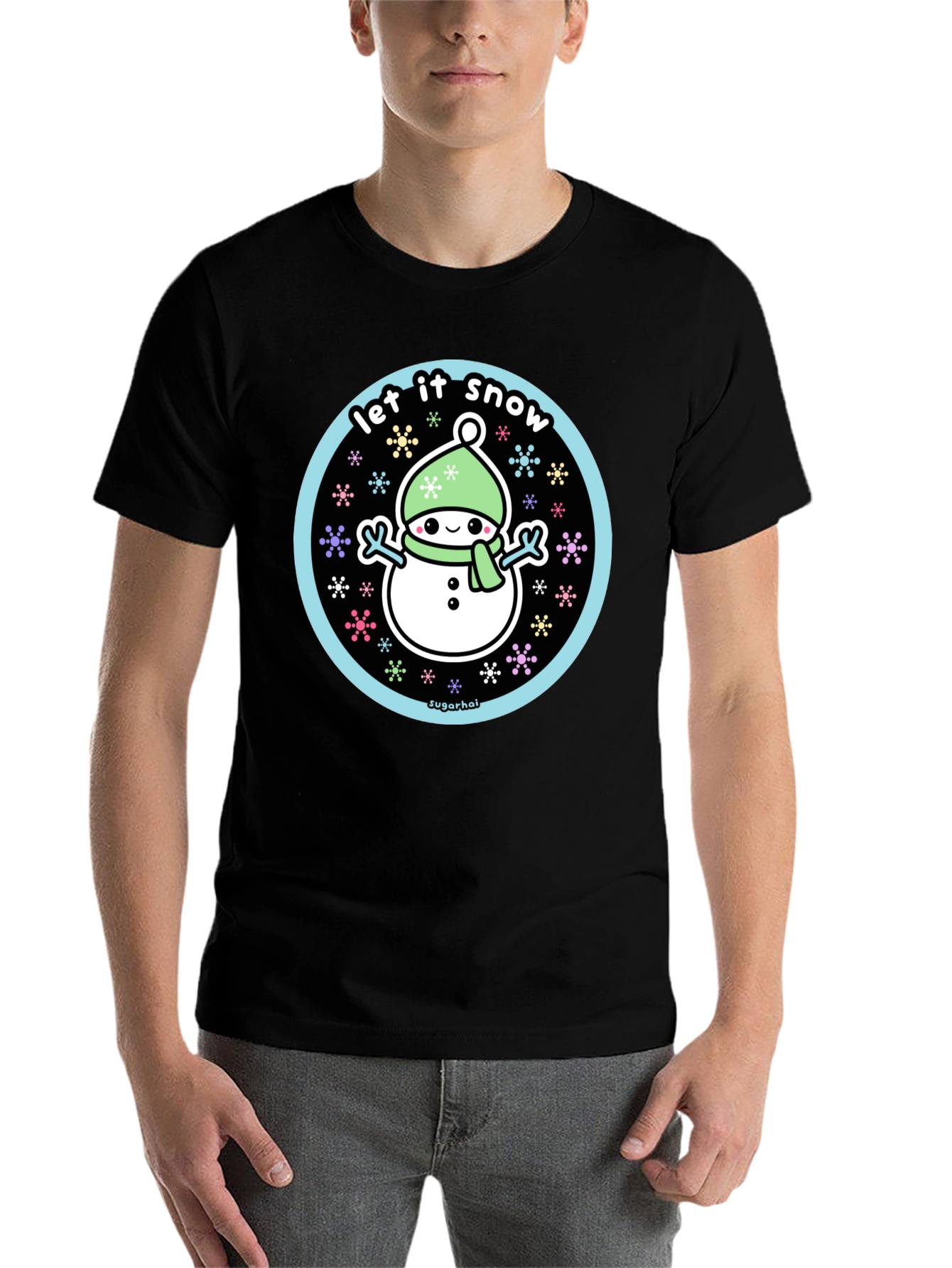 Black Kawaii Snowman Let It Snow Graphic Tee view 7