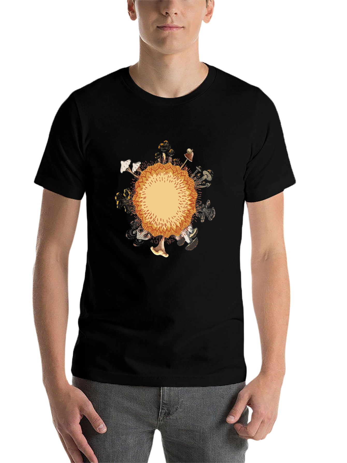 Black Mushroom Circle Graphic Black T-Shirt view 7