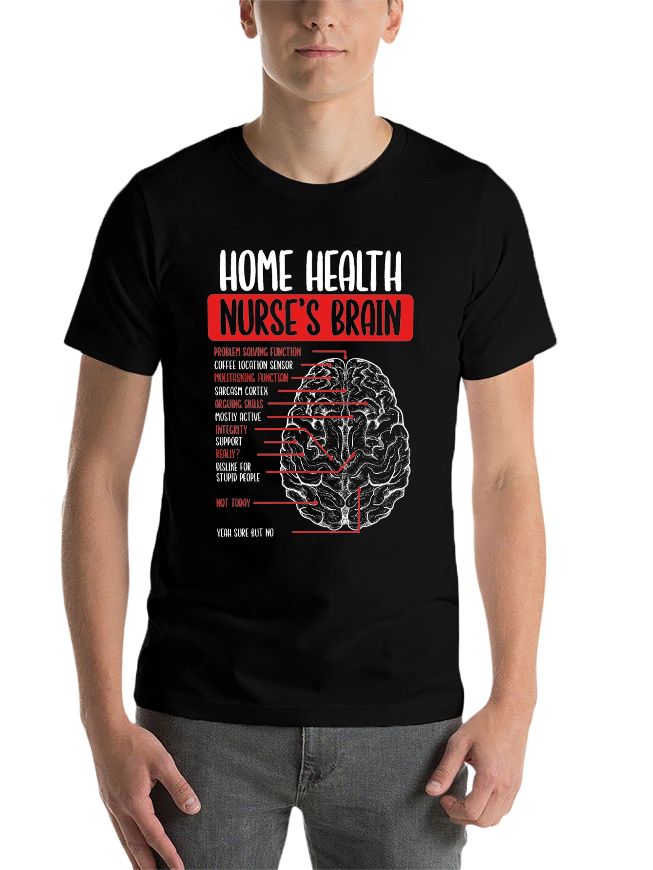 Black Home Health Nurse's Brain T-Shirt - Humorous Nursing Tee view 7