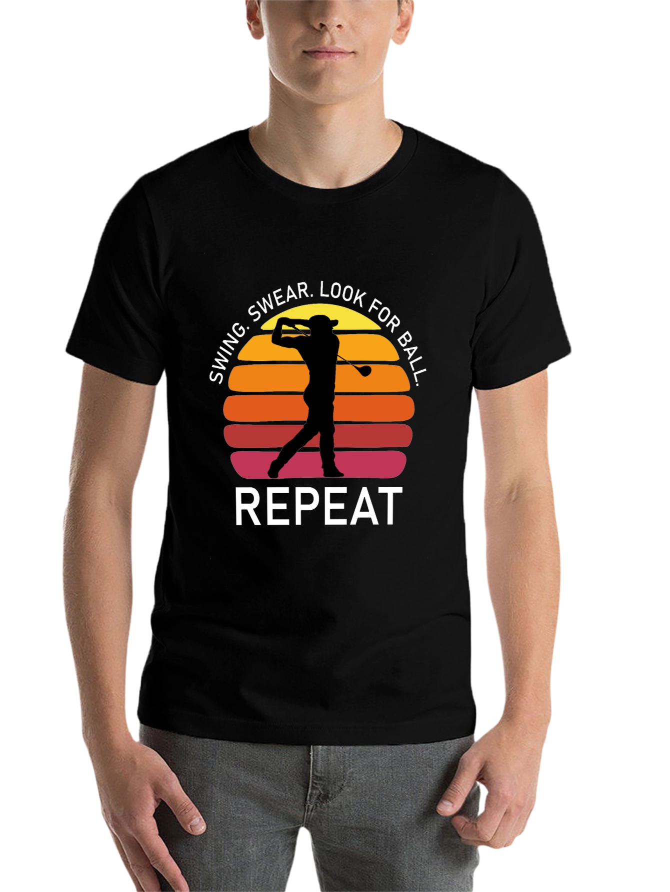 Black Golf Swing Repeat T-Shirt - Funny Golfer Tee view 7