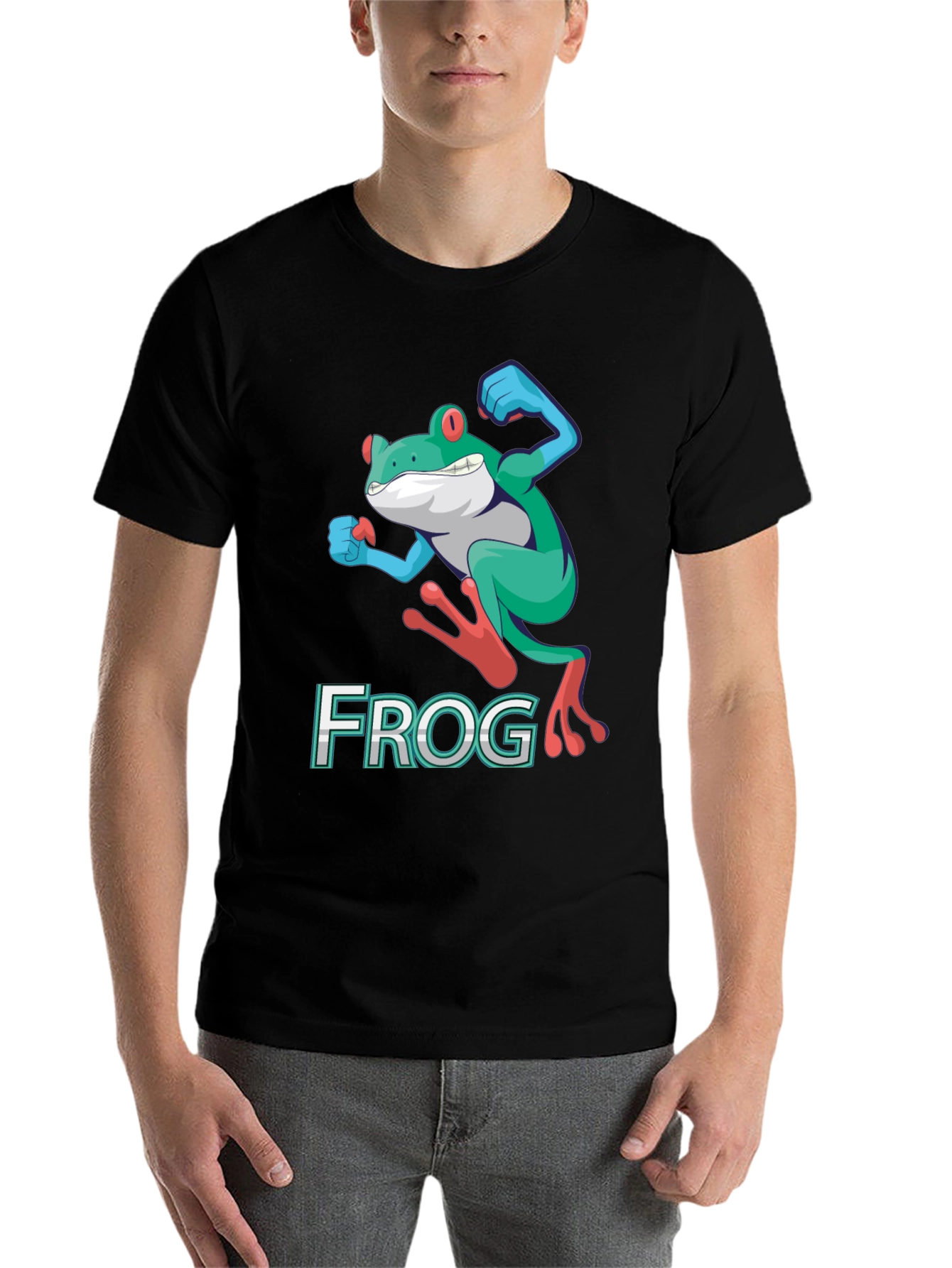 Black Funny Frog Graphic T-Shirt - Cartoon Leap Design view 7
