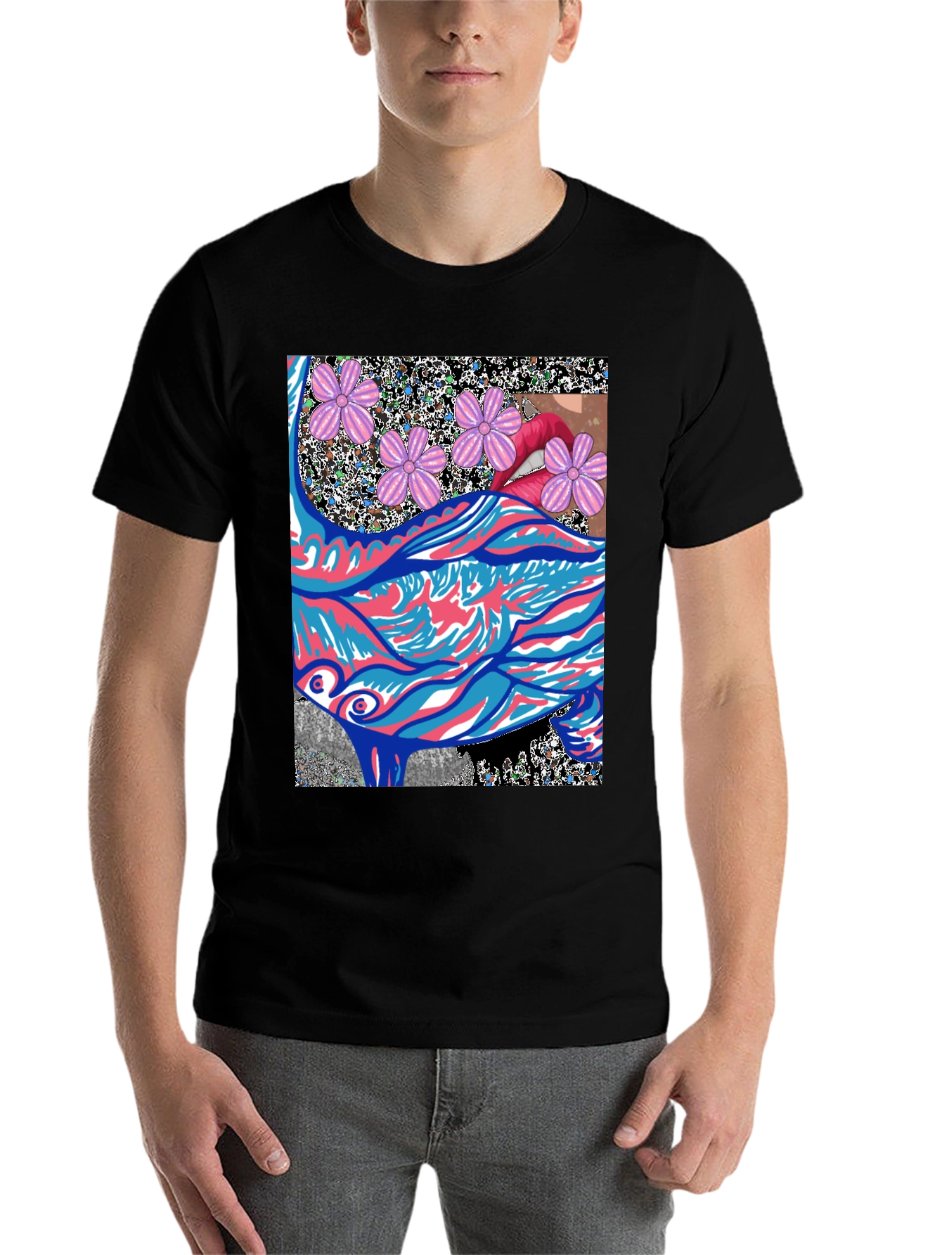 Black Abstract Floral Lips Graphic Tee - Men's Black T-Shirt view 7