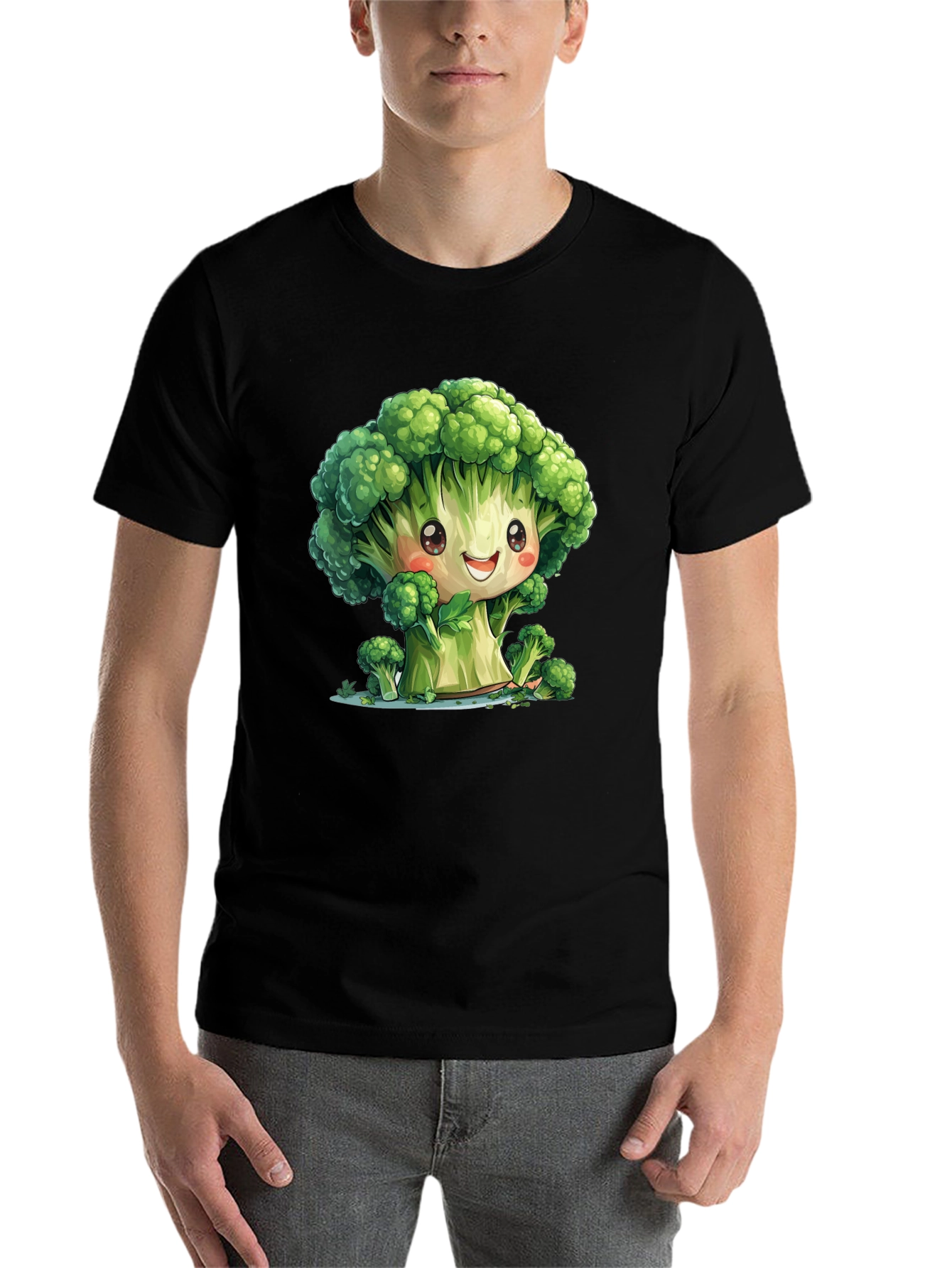 Black Cute Broccoli Cartoon Black T-Shirt view 7