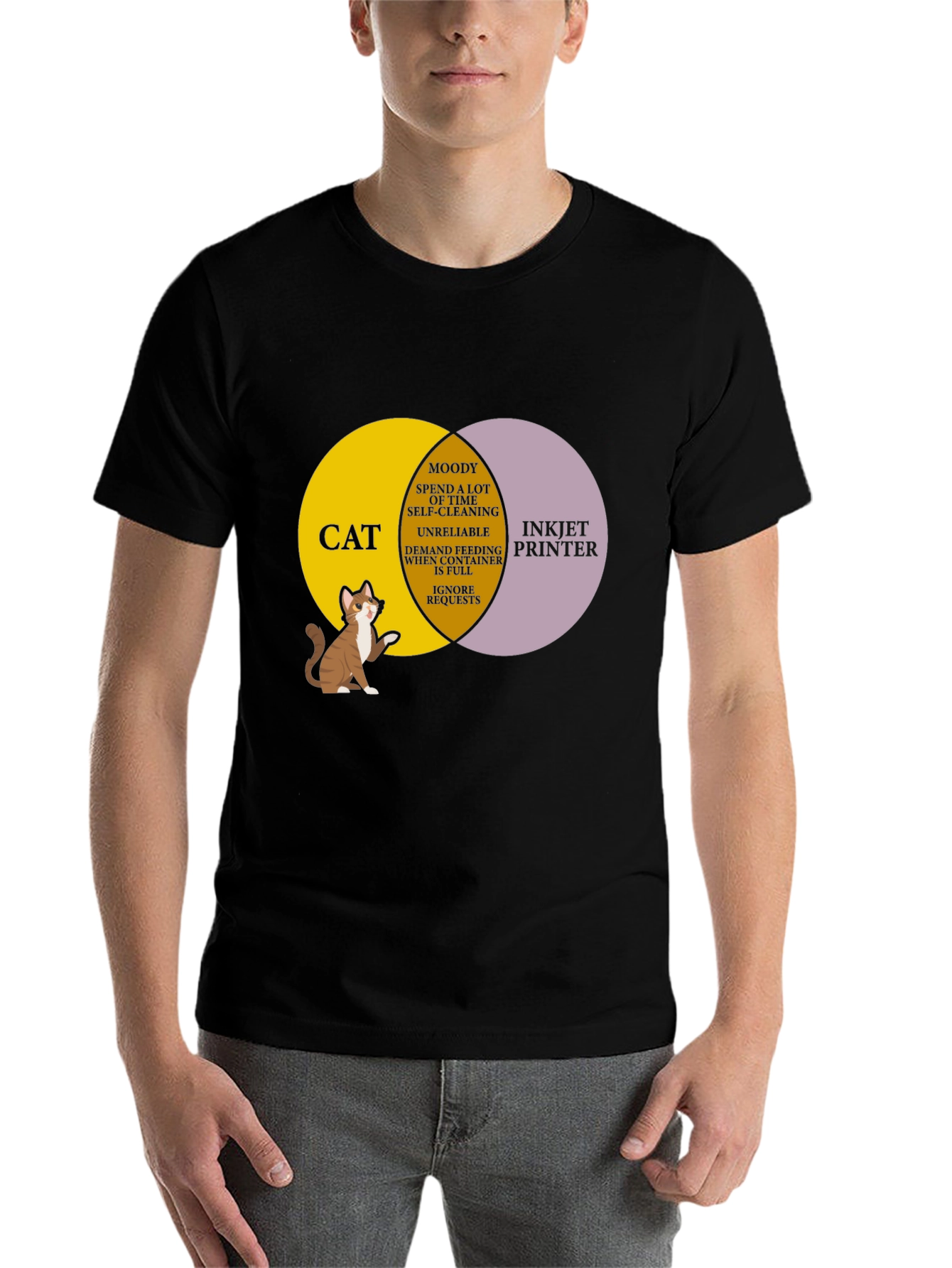 Black Cat vs Printer Venn Diagram T-Shirt view 7