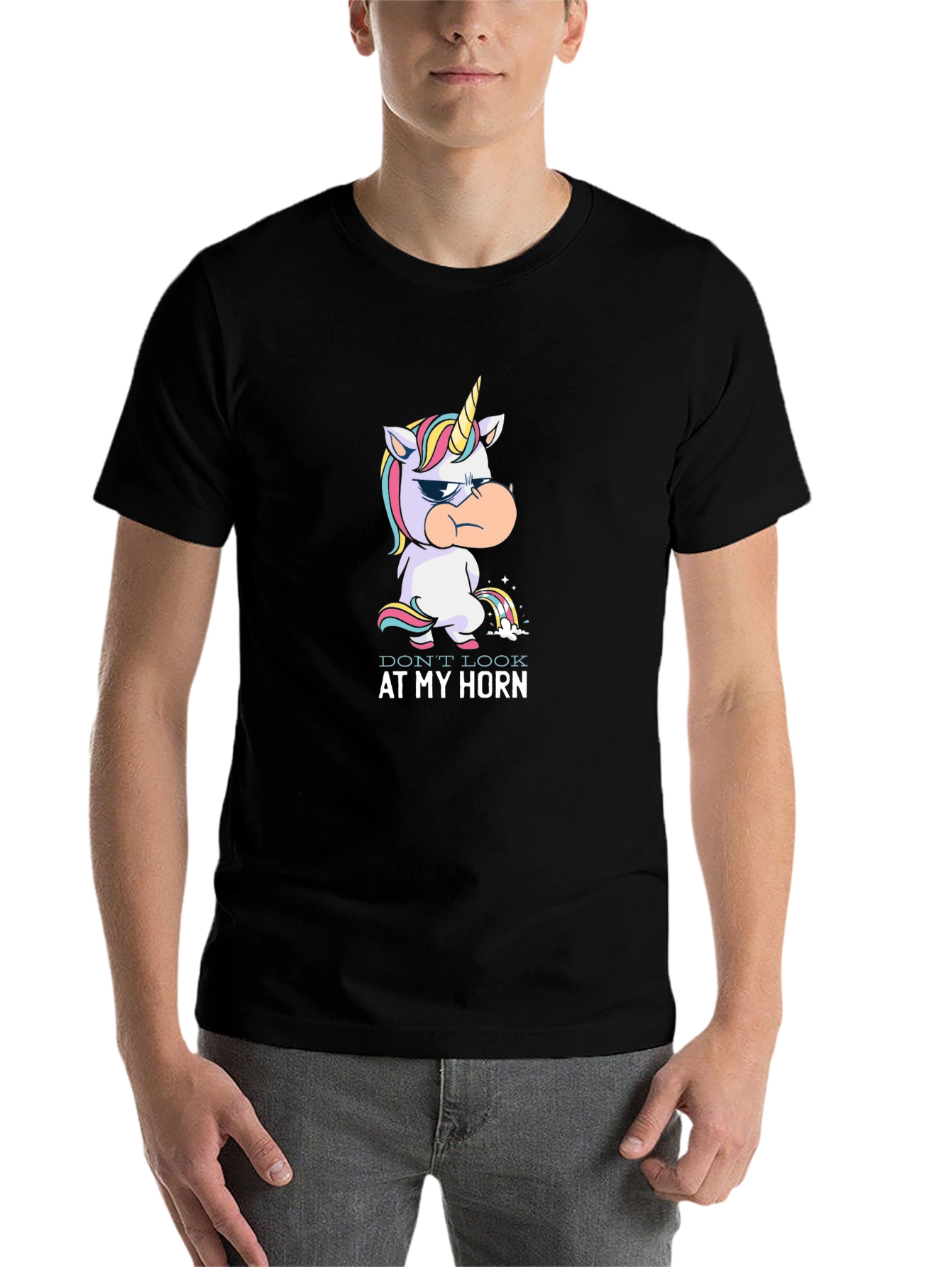 Black Grumpy Unicorn Rainbow Pee T-Shirt view 7